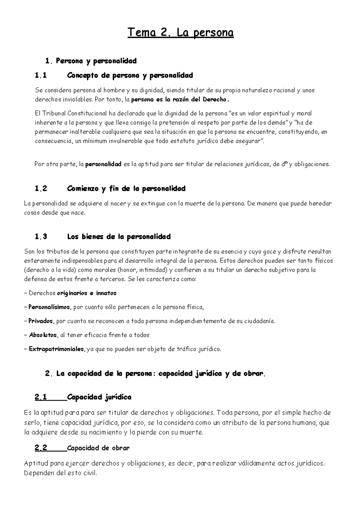 Tema 2. La persona - Apuntes del tema 2 de derecho civil del profesor ...