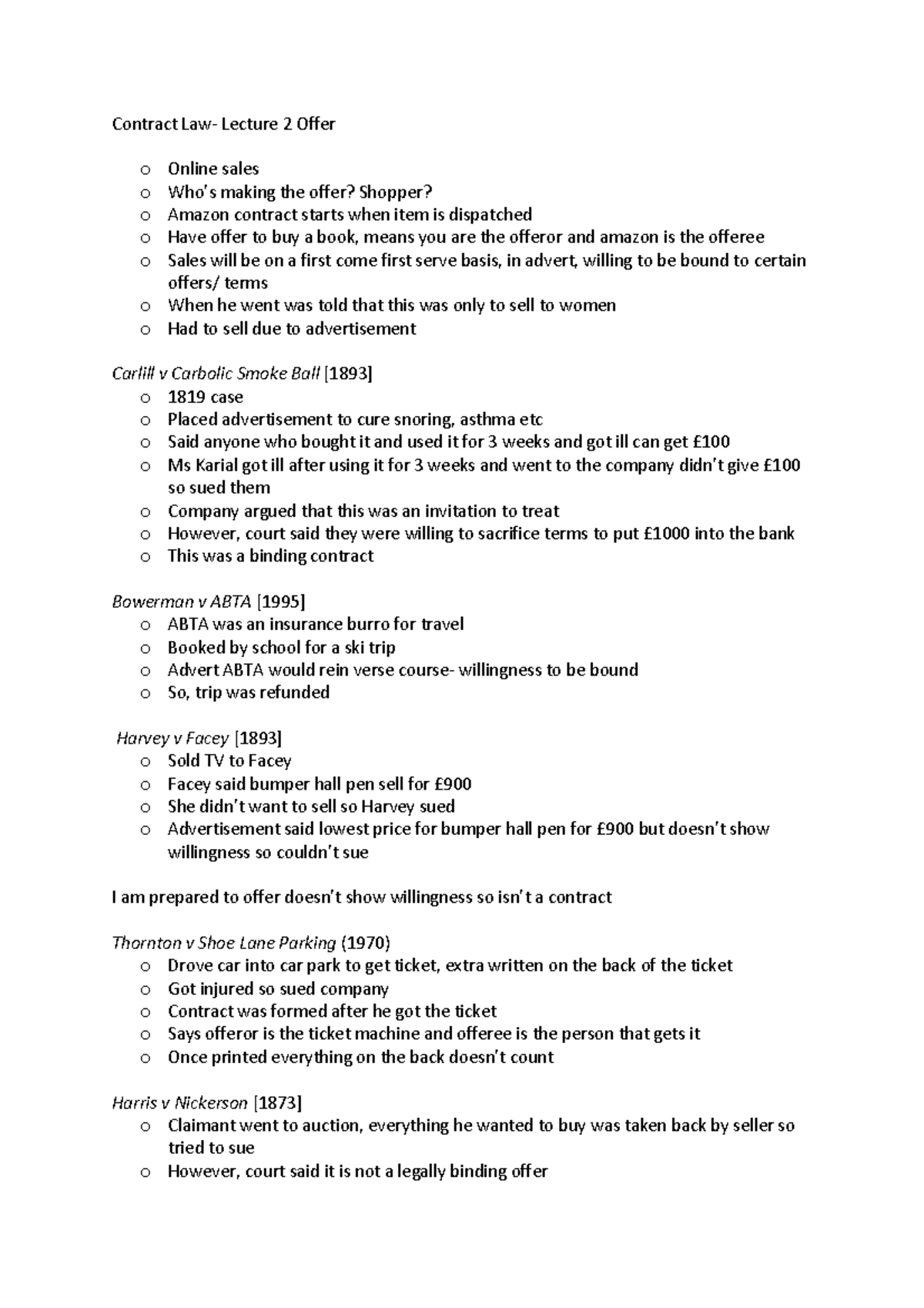 Offer - Lecture notes 2 - Contract Law- Lecture 2 Offer o Online sales ...