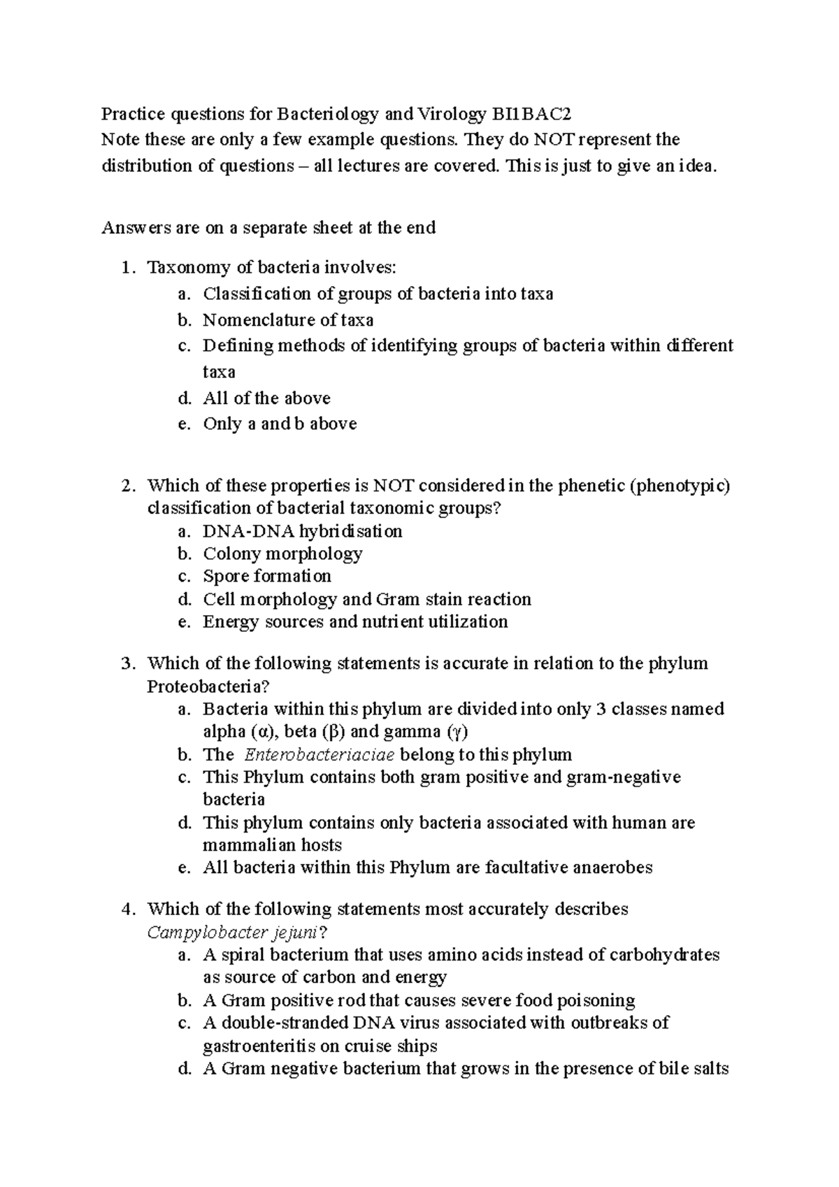 Example questions for final exam Practice questions for Bacteriology
