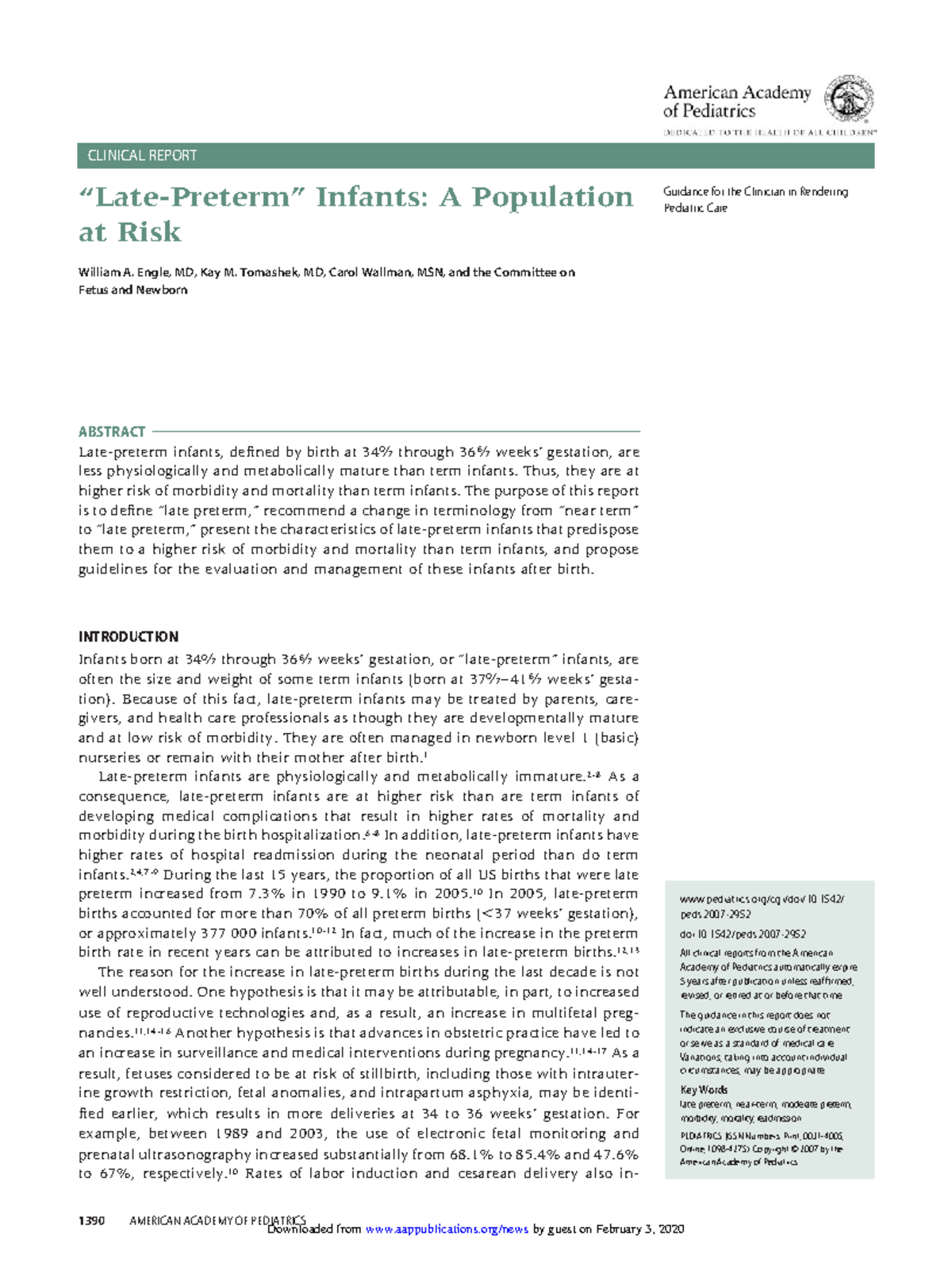 “Late Preterm” Infants A Population At Risk - CLINICAL REPORT “Late ...