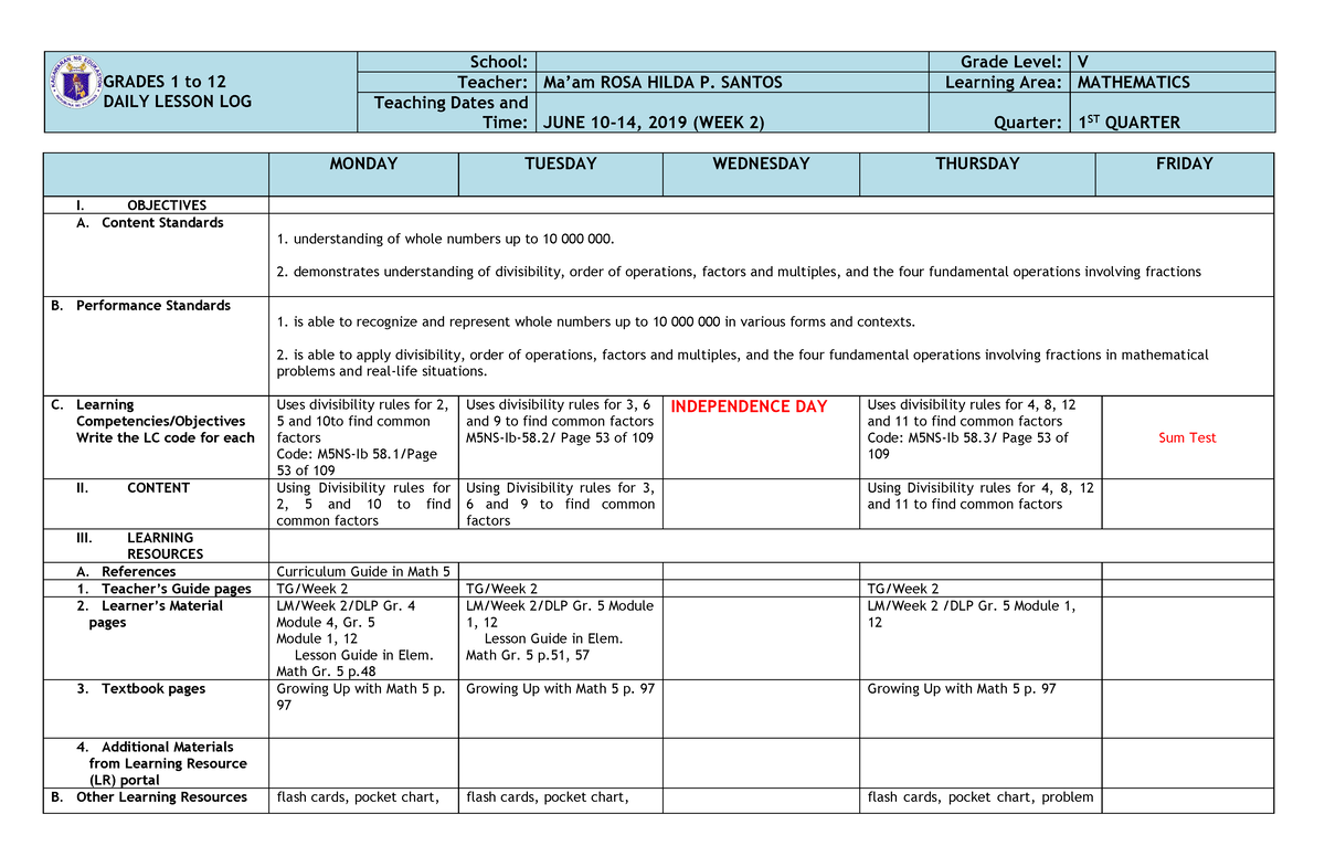 Rasheed Mathematics 5 Q1 W2 DLL - GRADES 1 To 12 DAILY LESSON LOG ...