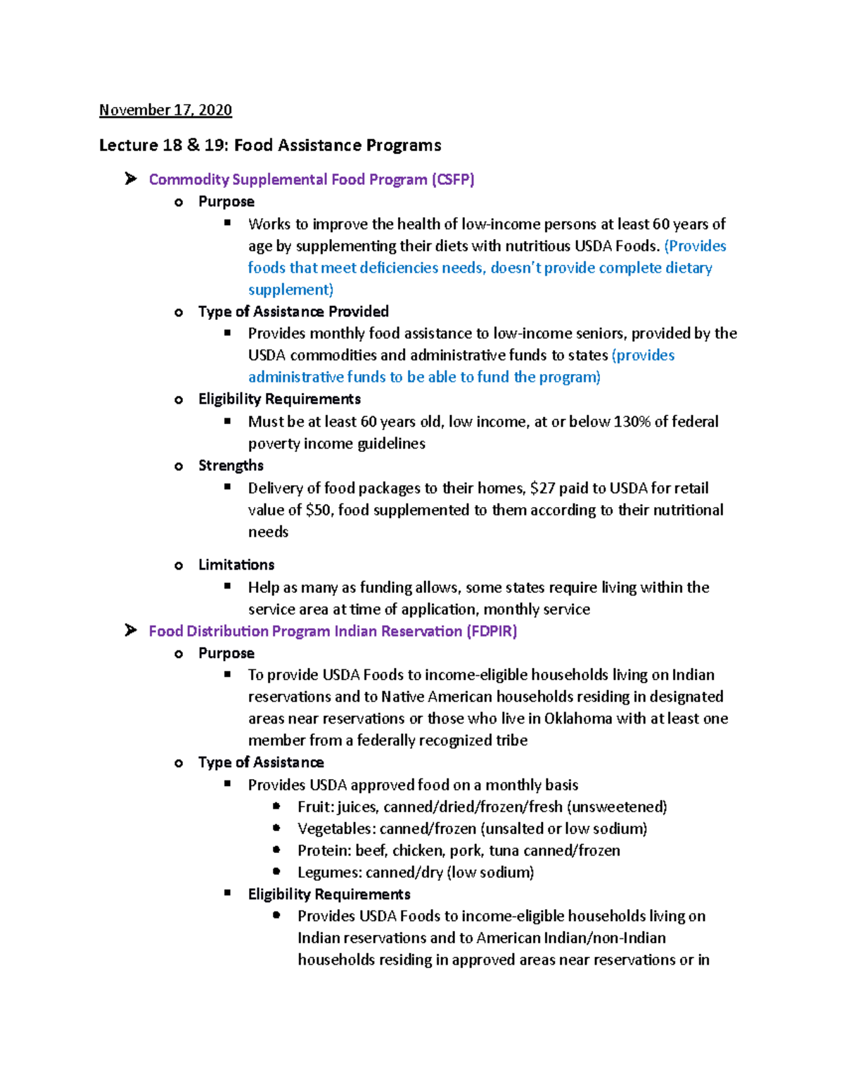 Lecture 18 & 19 Food Assistance Programs November 17, 2020 Lecture 18 & 19 Food Assistance