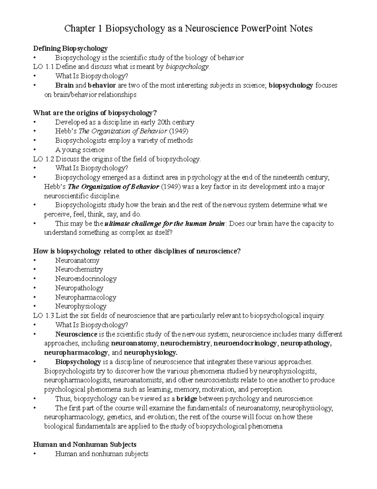 Biopsychology Chapter 1 Power Point Notes - Chapter 1 Biopsychology As ...