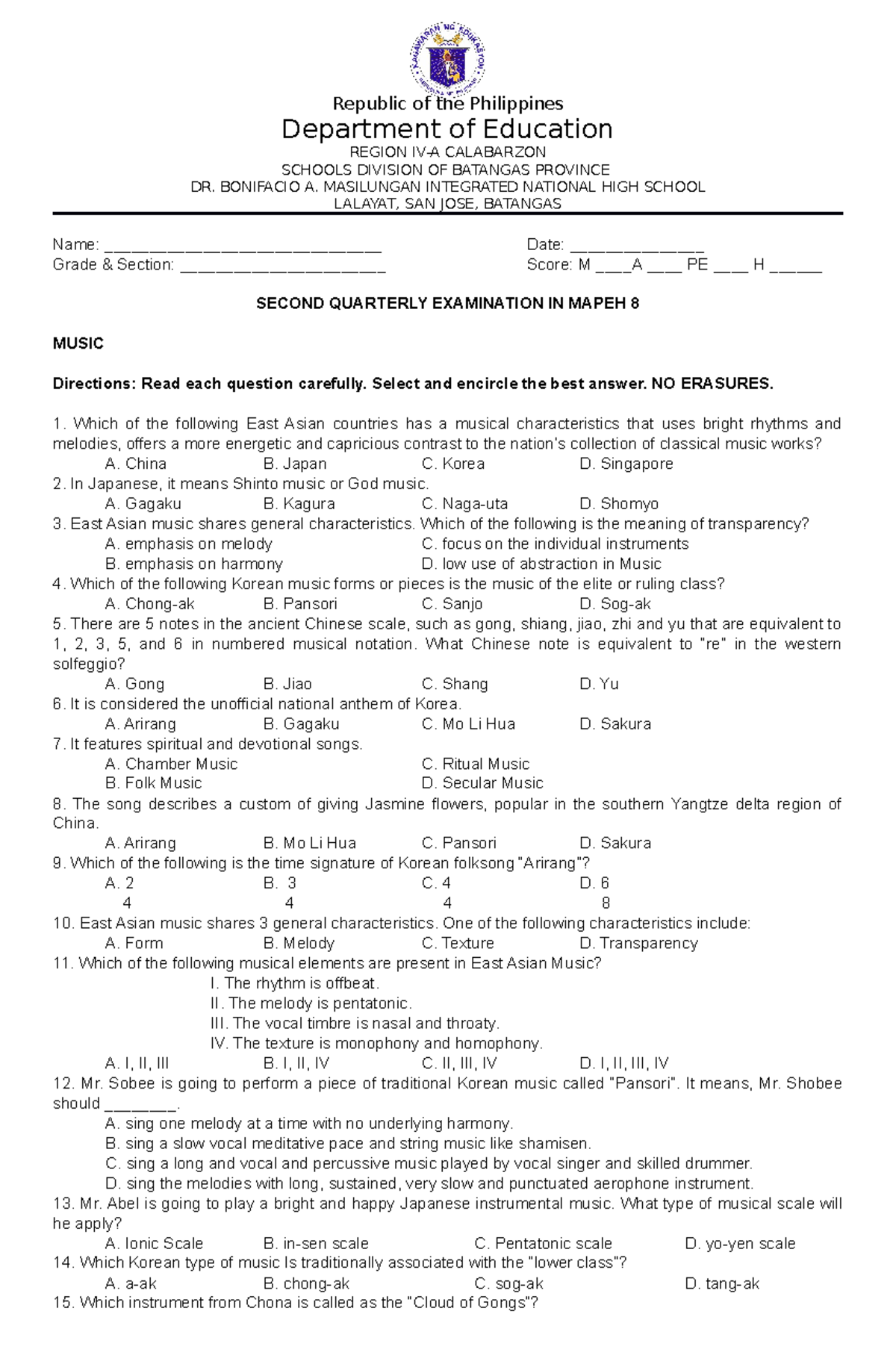 2ND Quarterly EXAM Mapeh 8 - Republic Of The Philippines Department Of ...