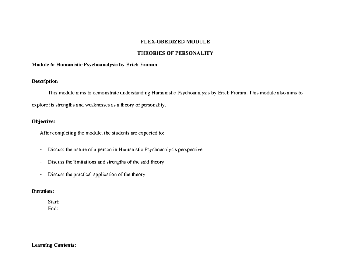 Module 7 - Erich Fromm and Humanistic Psychoanalytic Theory - FLEX ...