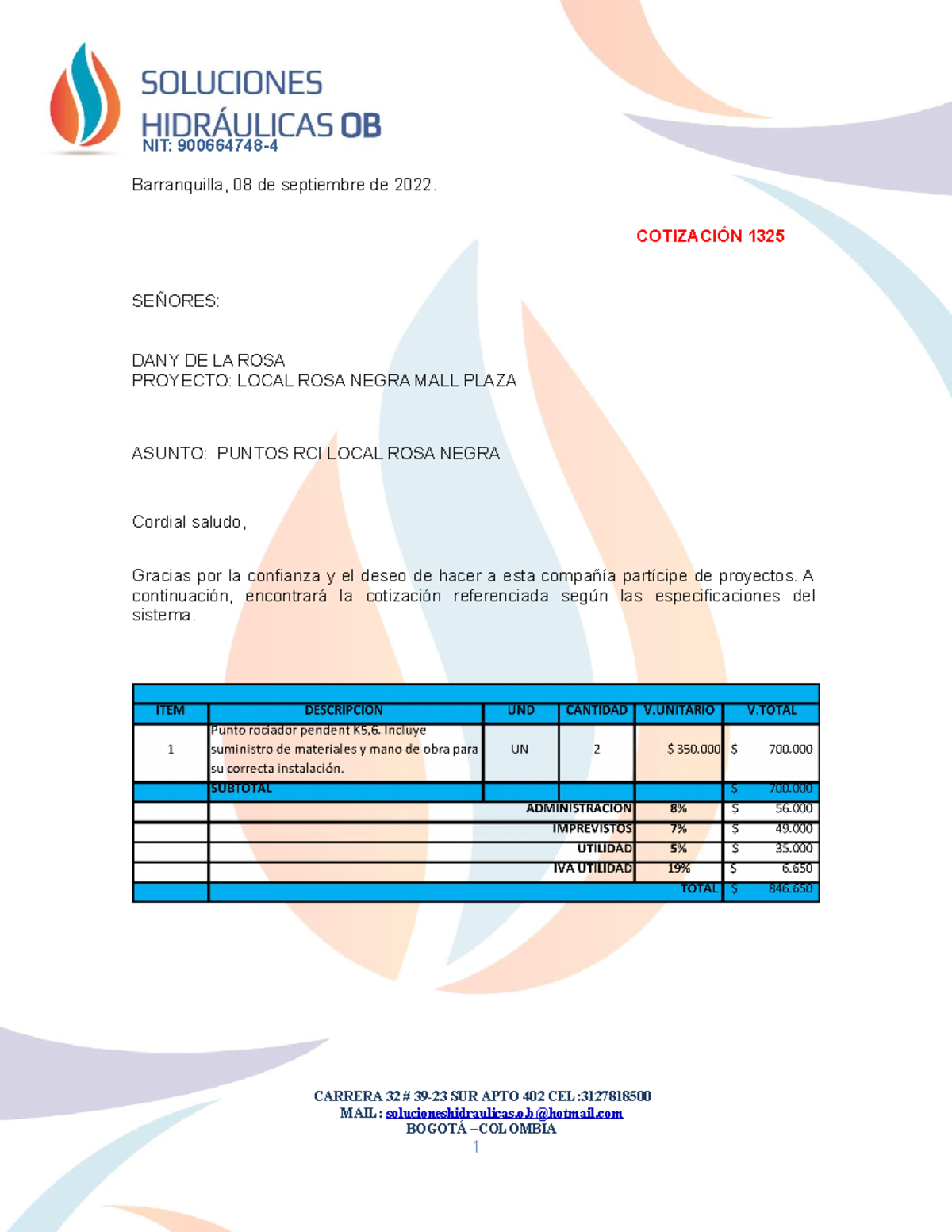 Cotizacion 1325 Local Rosanegra Puntos RCI NIT 900664748 Barranquilla, 08 de septiembre de