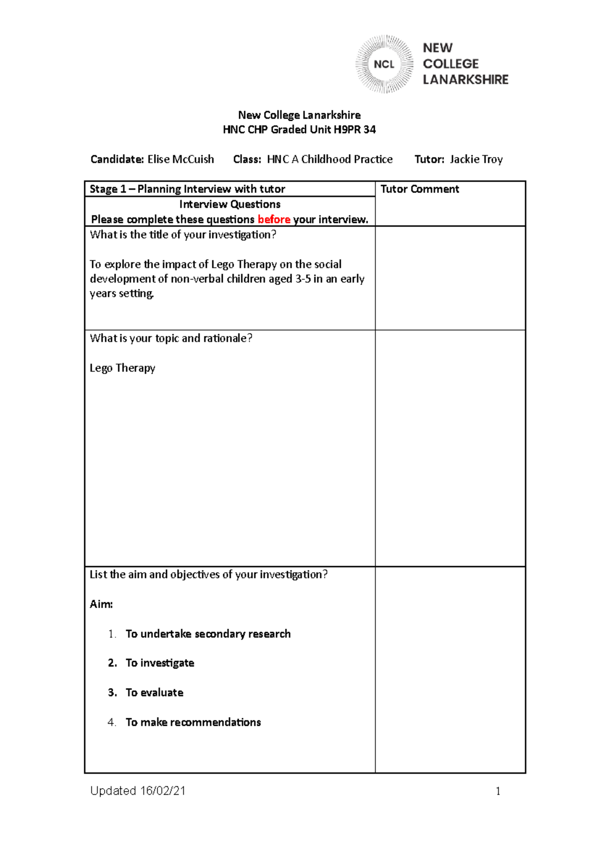 Graded Unit consultation sheet - New College Lanarkshire HNC CHP Graded ...