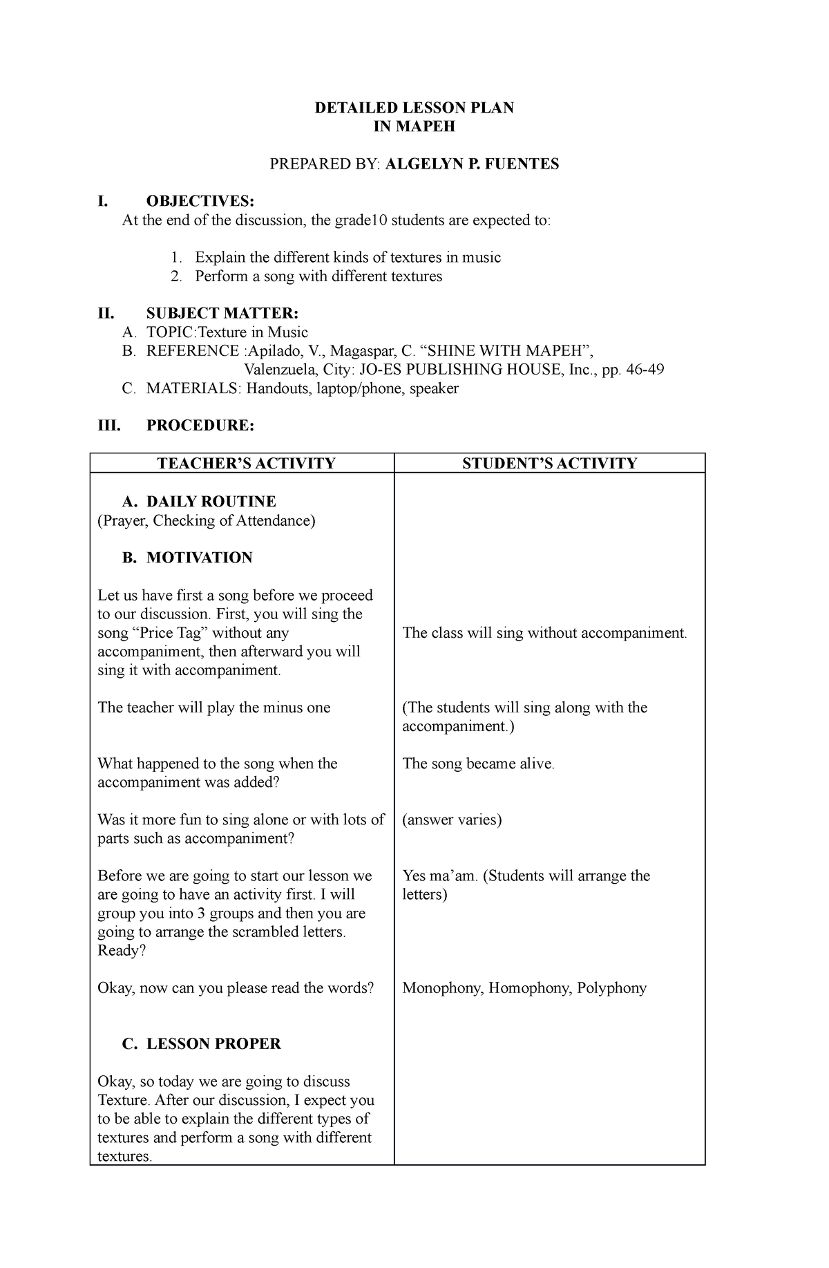 Final Lesson PLAN for DEMO - DETAILED LESSON PLAN IN MAPEH PREPARED BY ...