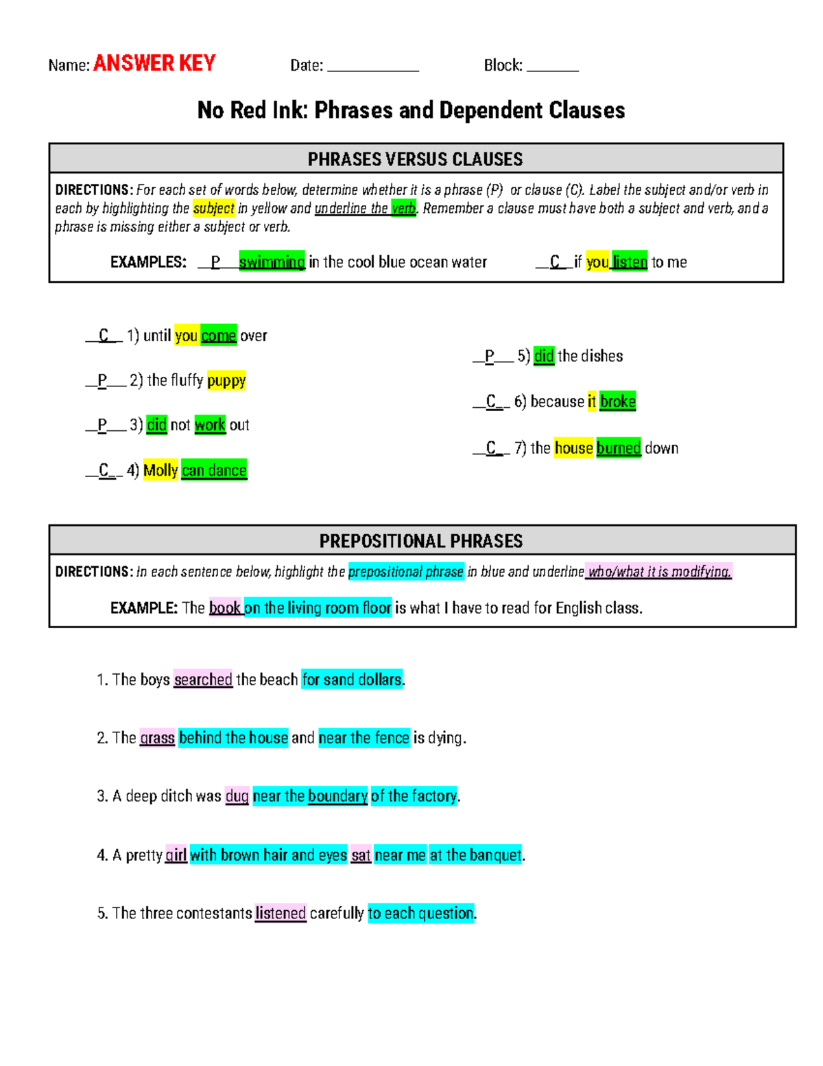 Worksheet 1 ( Answer KEY) Identifying Phrases and Dependent Clauses ...