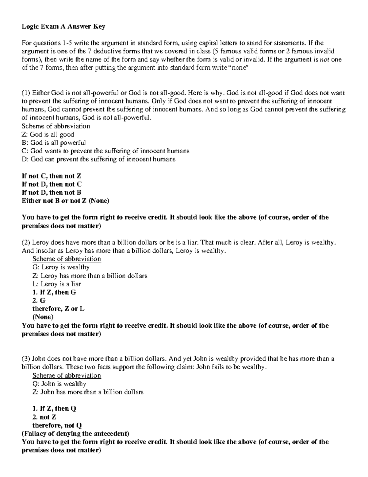 Logic Exam A Answer key - Nothing much - Logic Exam A Answer Key For