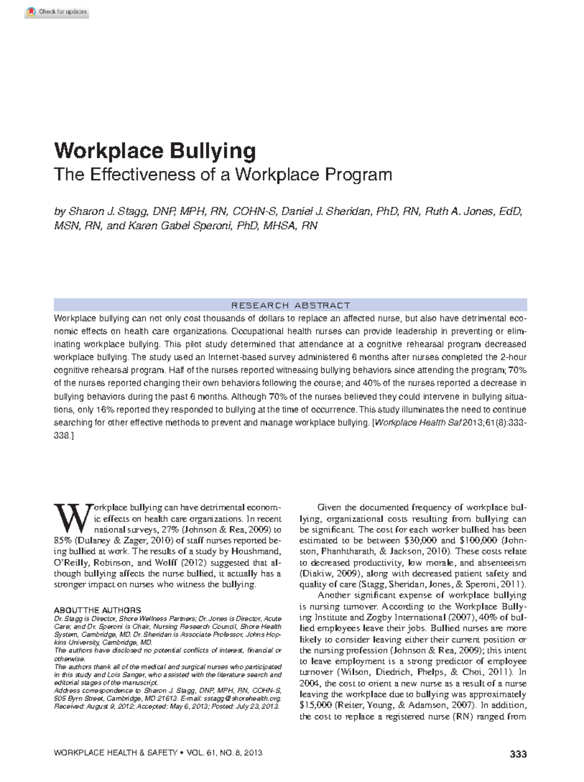 Stagg et al 2013 workplace bullying the effectiveness of a workplace