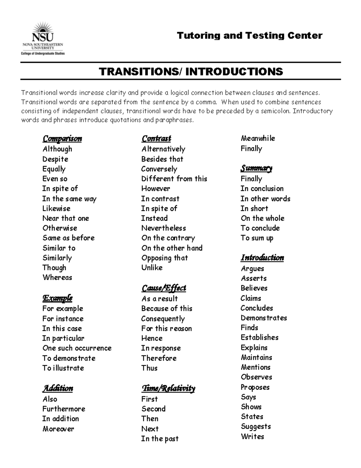 transitions for essays college