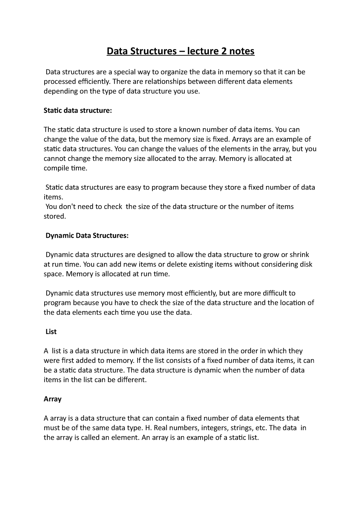 Data Structures – Lecture 2 Notes - Data Structures – Lecture 2 Notes ...