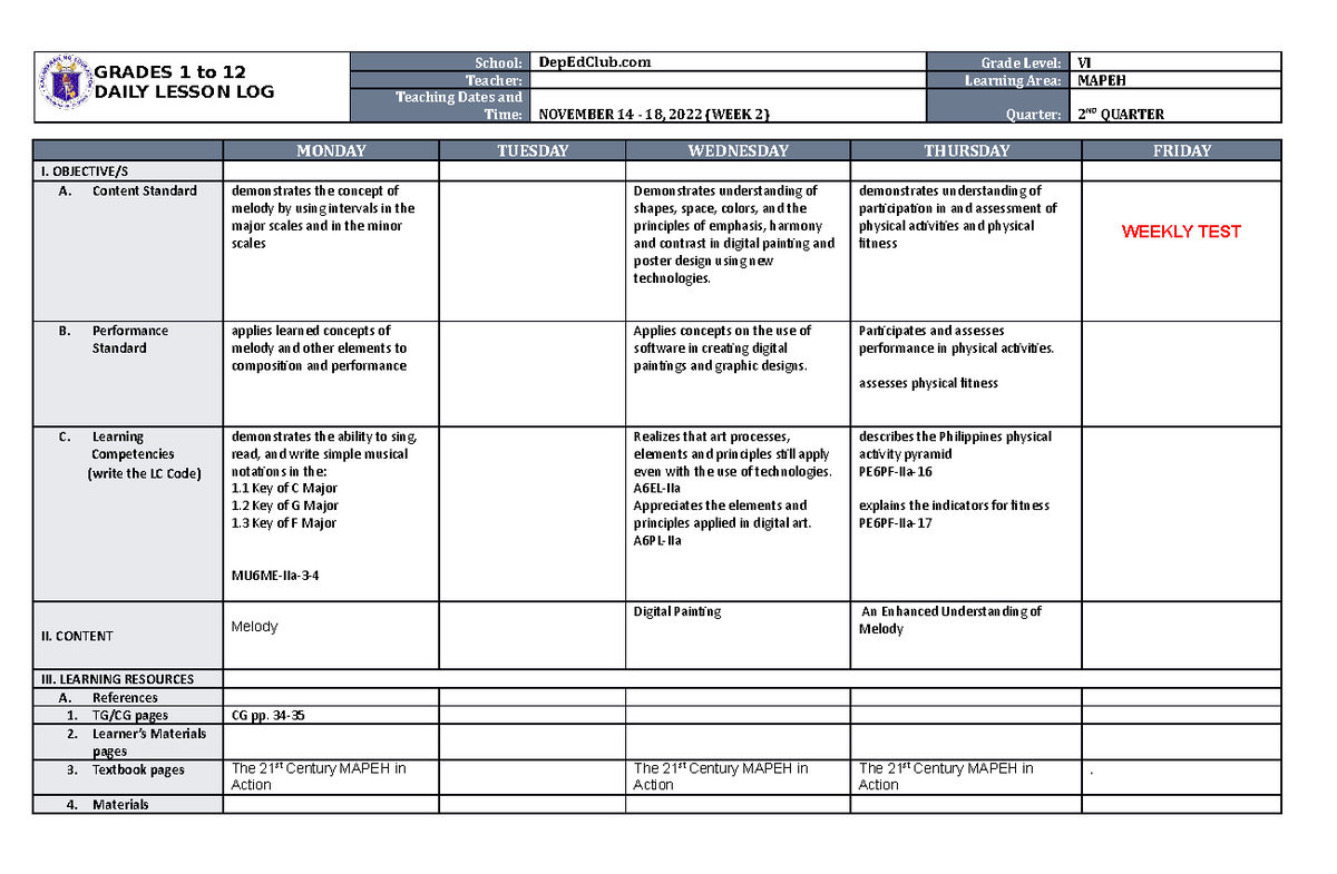 DLL Mapeh 6 Q2 W2 - FGBMHJ.,K - GRADES 1 to 12 DAILY LESSON LOG School ...