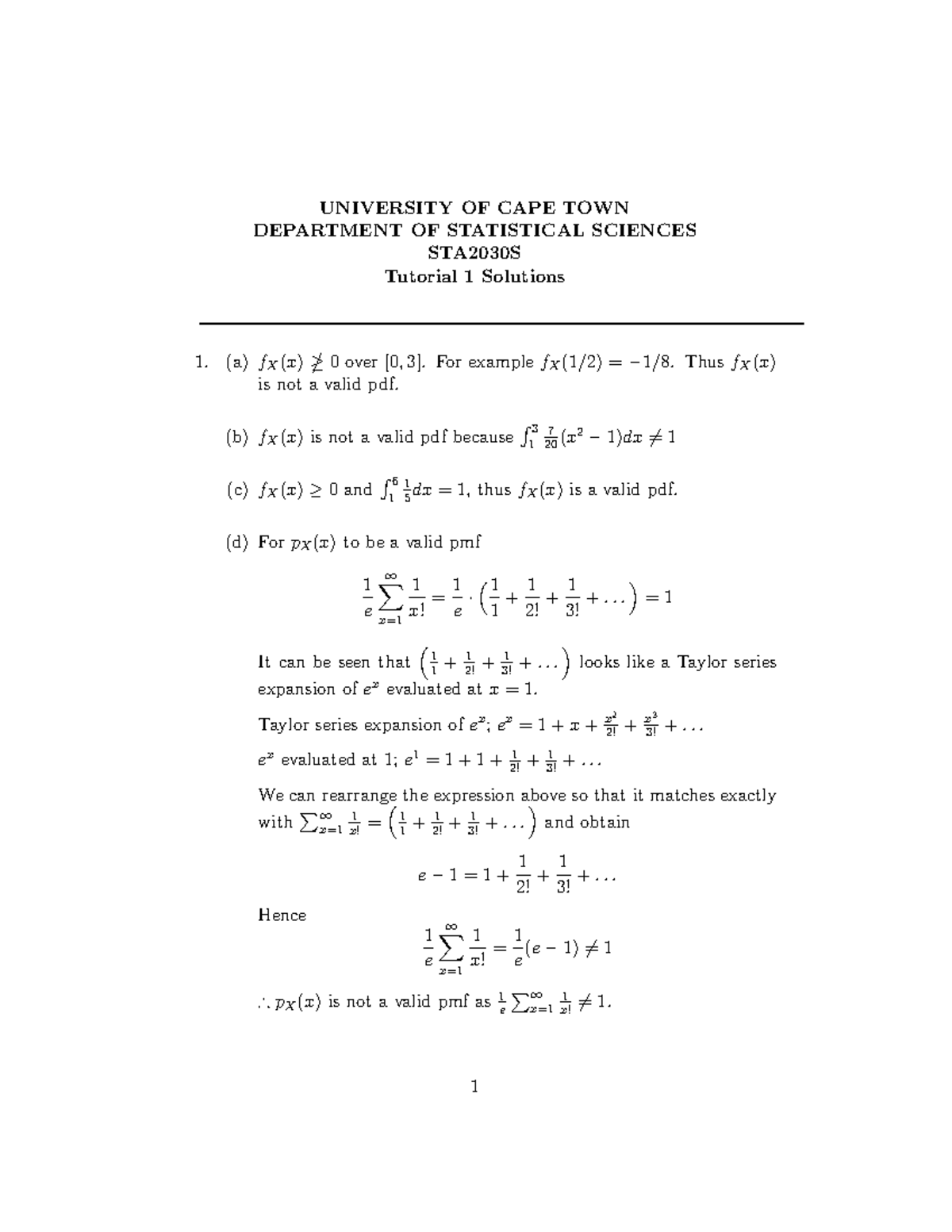 STA2030S 2022 Tutorial 1 solutions - UNIVERSITY OF CAPE TOWN DEPARTMENT ...