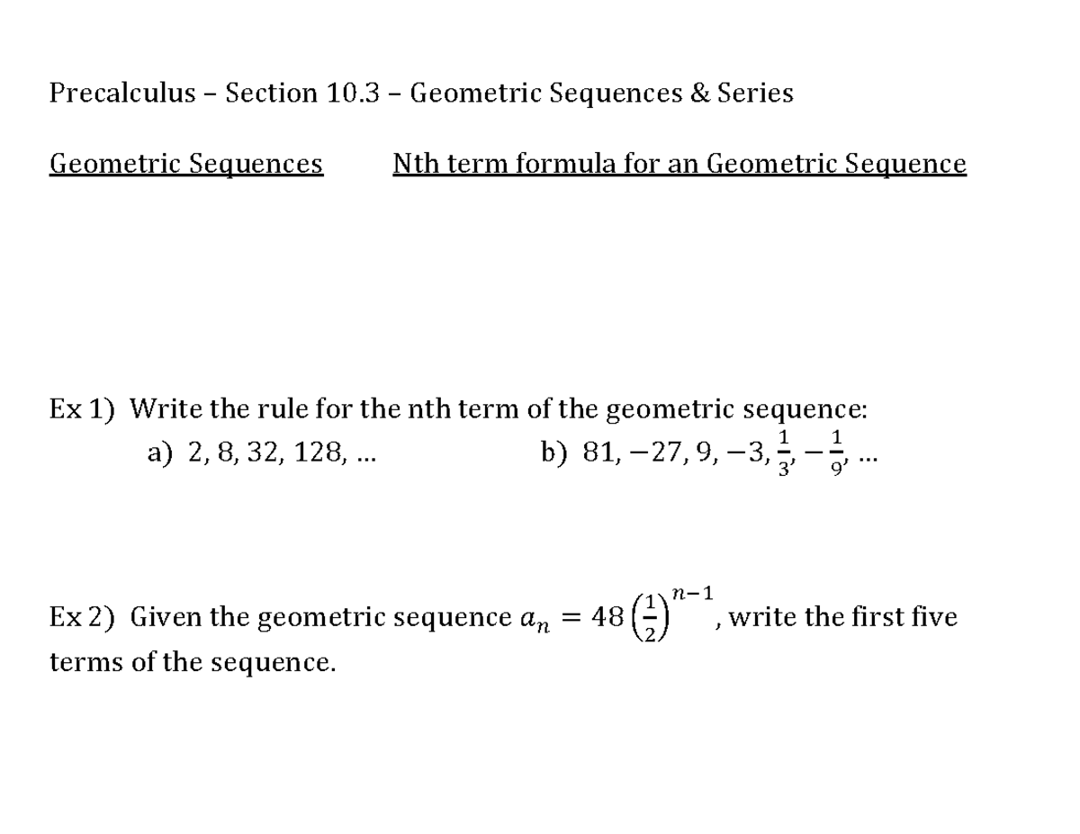 Notes+-+10 - In Class Work - Precalculus – Section 10 – Geometric ...