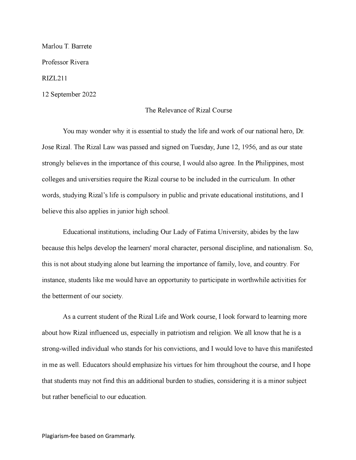 paragraph personal essay on the relevance of the rizal course