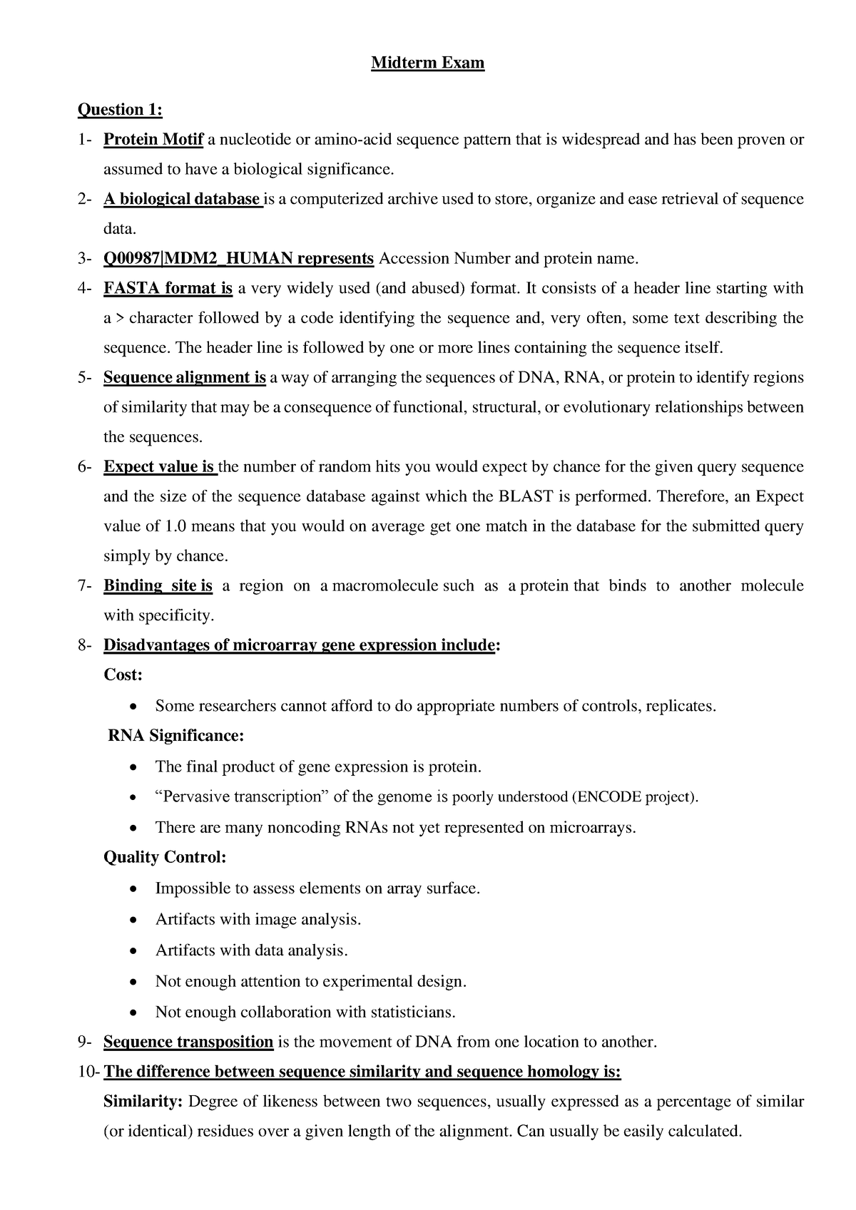 Midterm Exam Bioinformatics - Midterm Exam Question 1: 1- Protein Motif ...