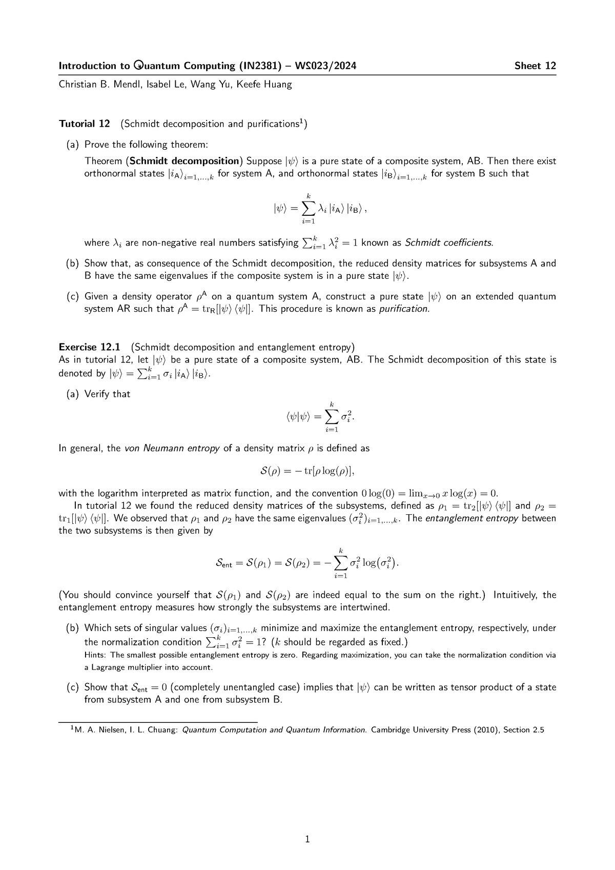 Sheet 12 - Introduction To Uantum Computing (IN2381) – W 2 023/2024 ...