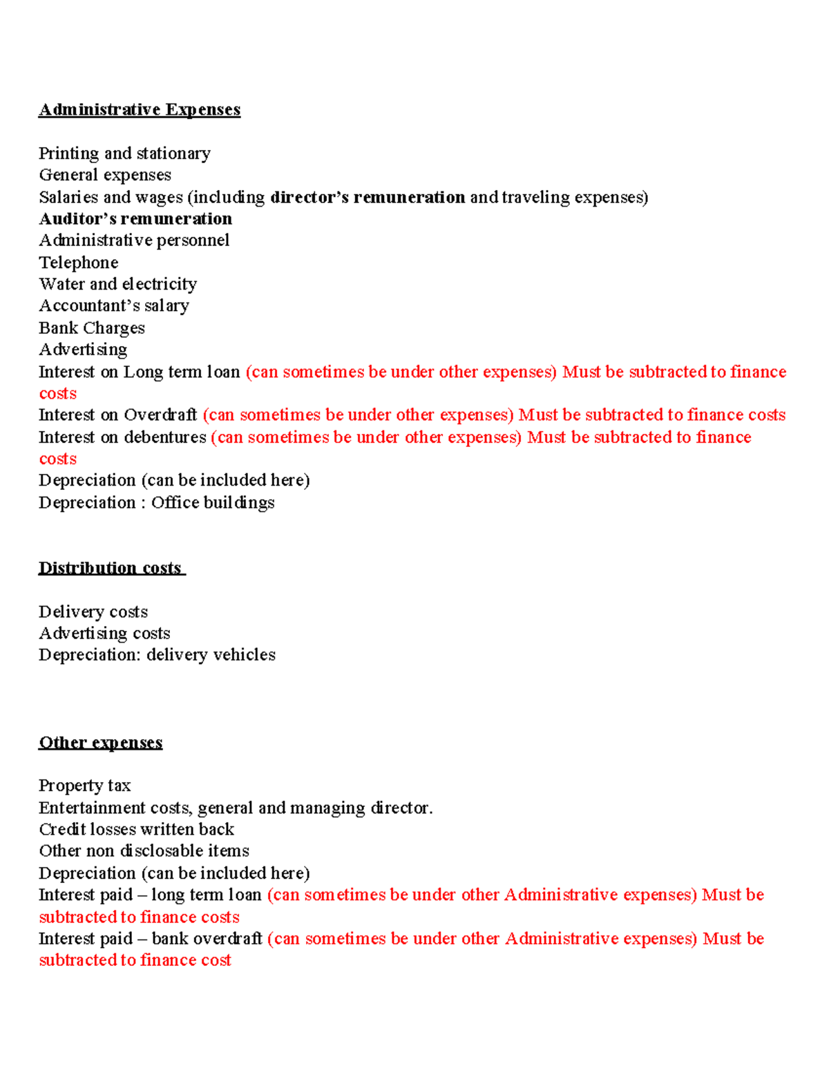 Itemisation SOCI Lecture notes Administrative Expenses Printing and