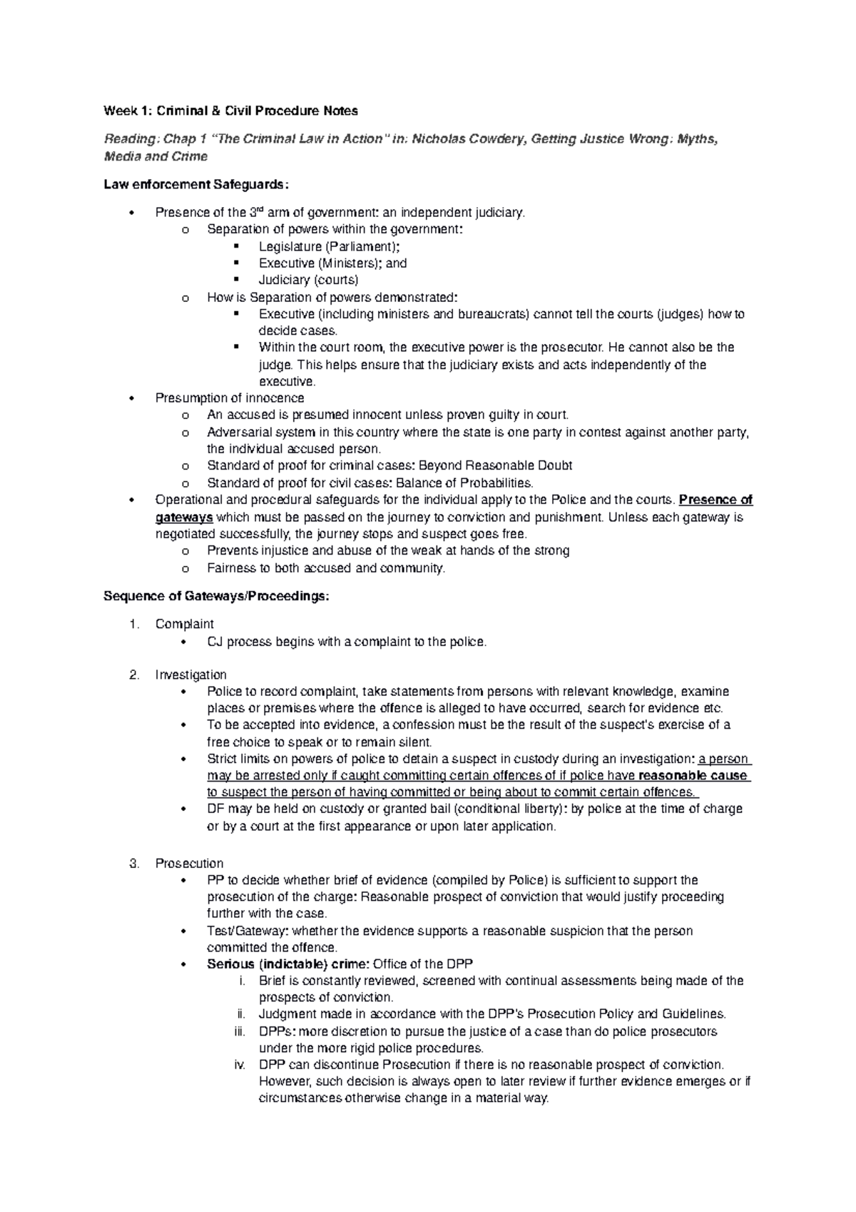 Week1 CCP notes - Week 1: Criminal & Civil Procedure Notes Reading ...