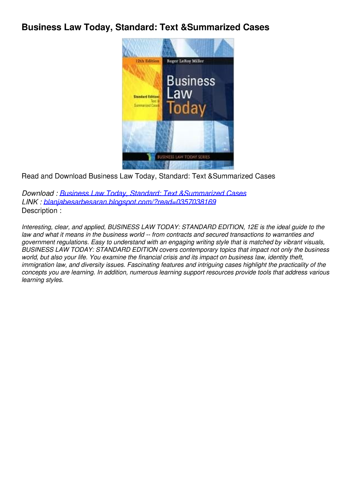 PDF Read Online Business Law Today, Standard: Text Summarized Cases ...