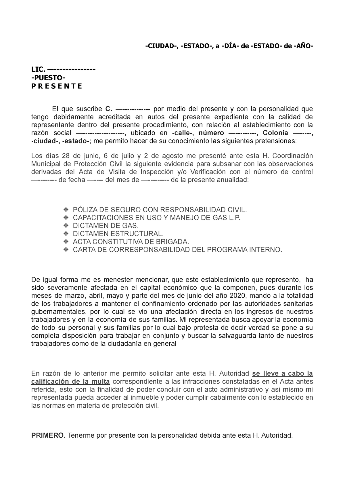 Documento DE Solicitus A Autoridades DE Protección Civil -CIUDAD ...