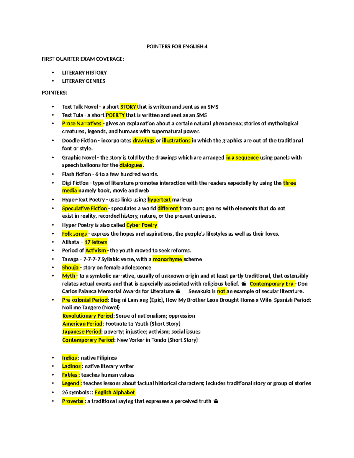 Pointers FOR English 4 - POINTERS FOR ENGLISH 4 FIRST QUARTER EXAM ...