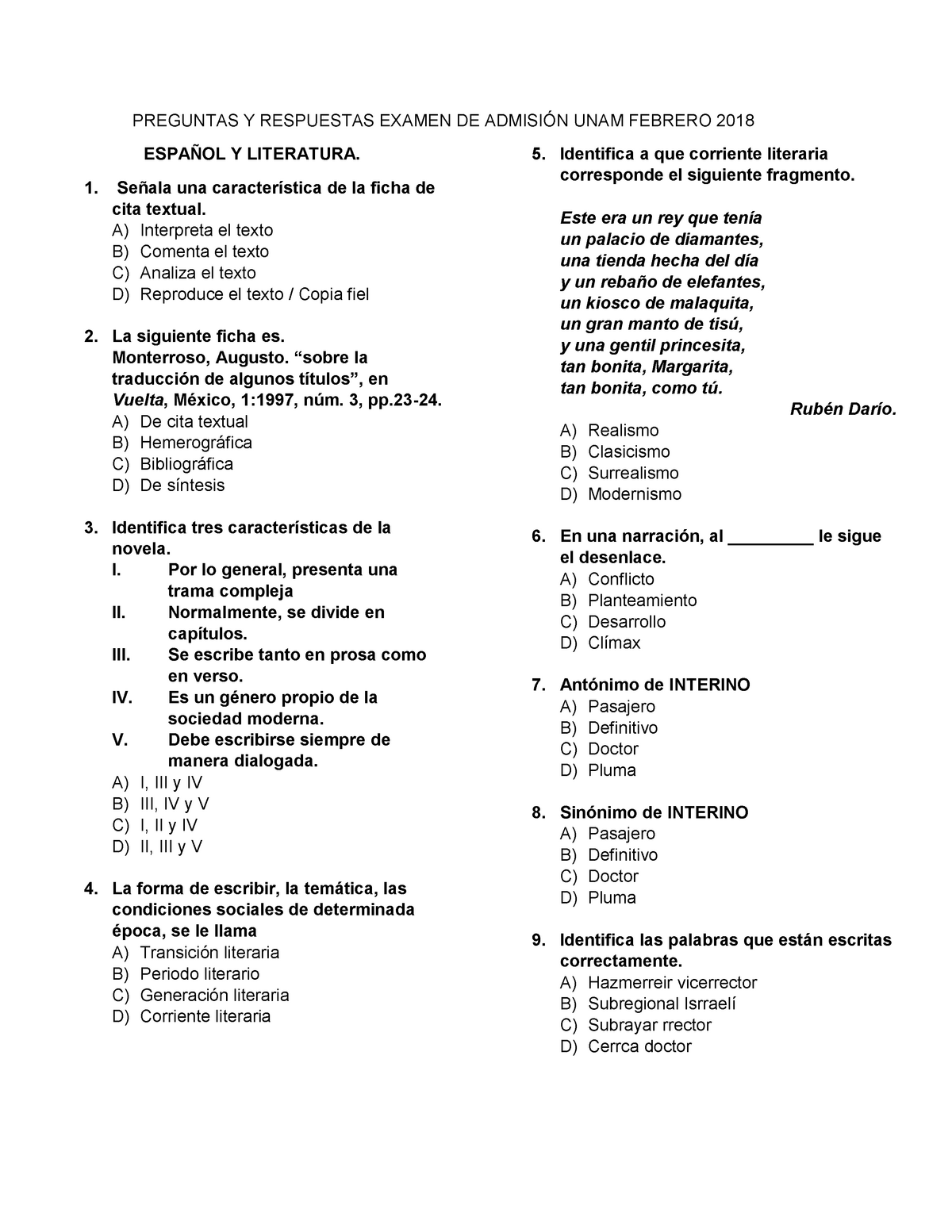 Examen Unam Febrero Preguntas Y Respuestas Examen De Admisi N Unam Febrero Espa Ol