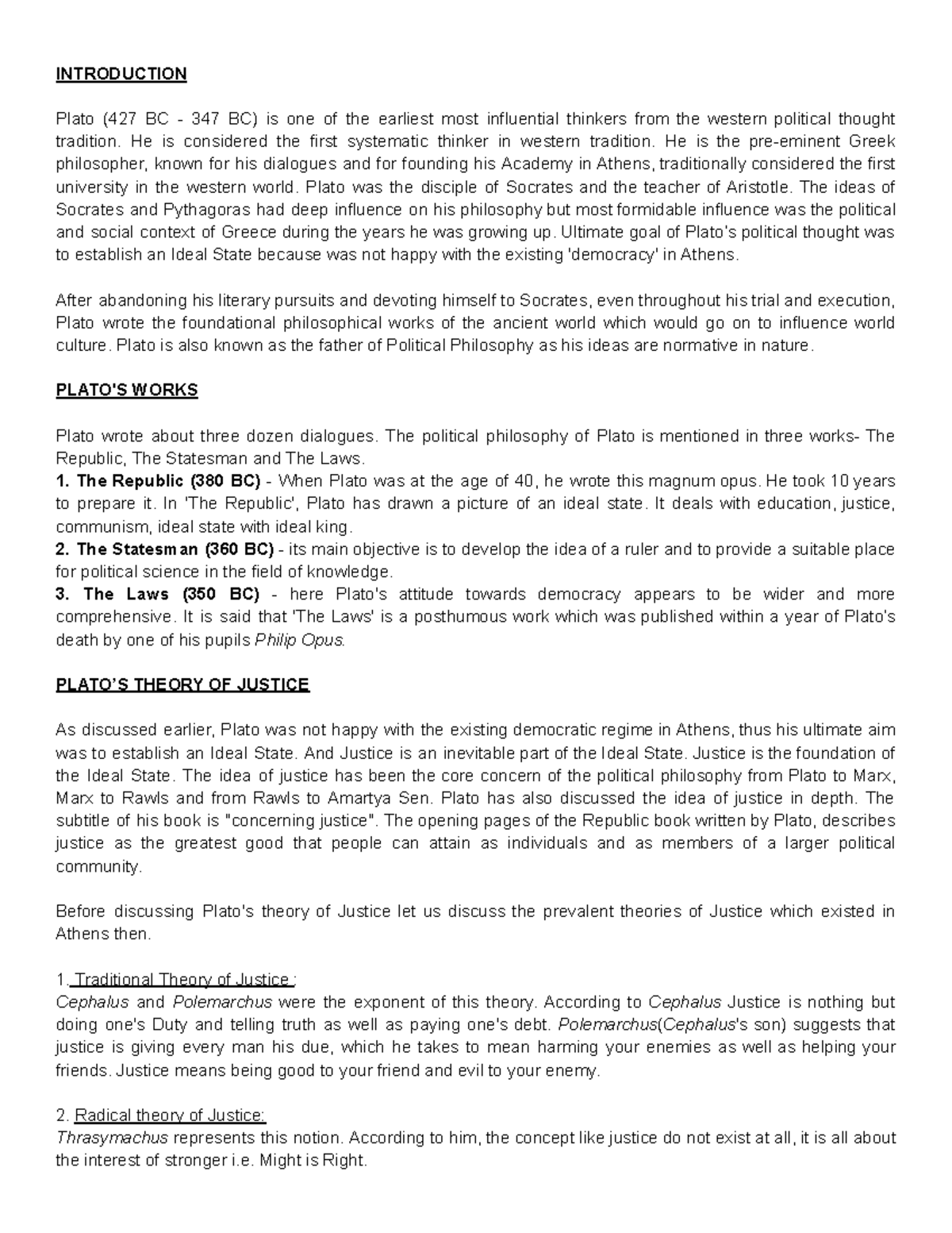 Plato - Summary Political science - INTRODUCTION Plato (427 BC - 347 BC ...