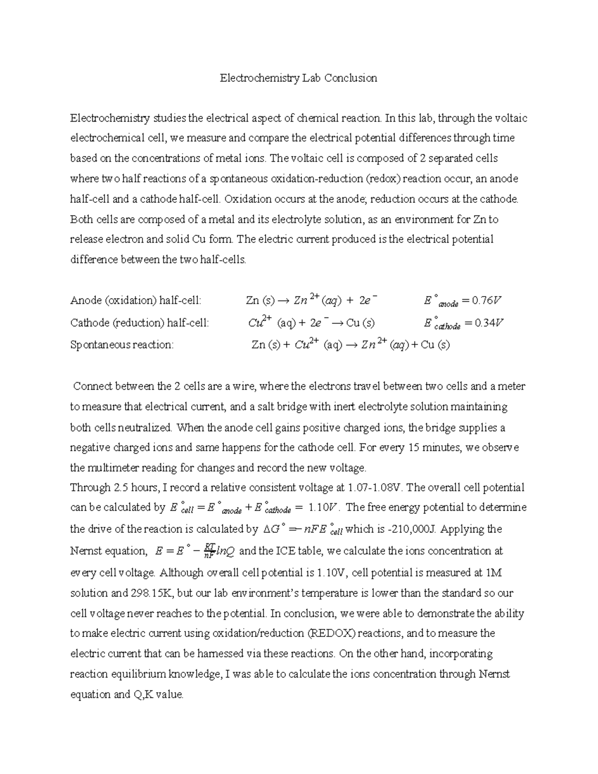 EChem Lab Conclusion Electrochemistry Lab Conclusion Electrochemistry