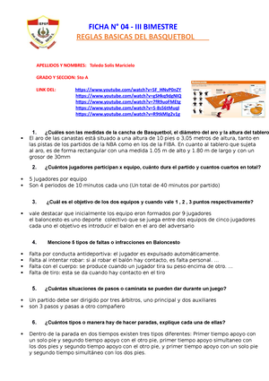Ficha N 04 - Reglas Basicas DEL Basquetbol - 5 Grado - JCO-RFR - “Aprendo  APFF FICHA N° 04 - III - Studocu