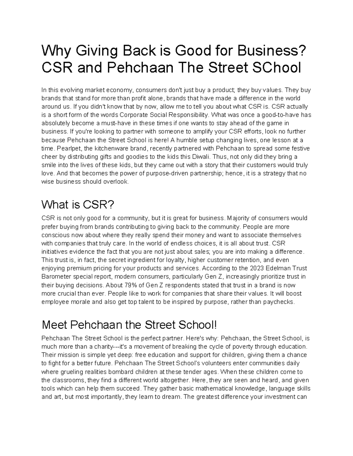 Why Giving Back is Good for Business — CSR with Pehchaan the Street ...