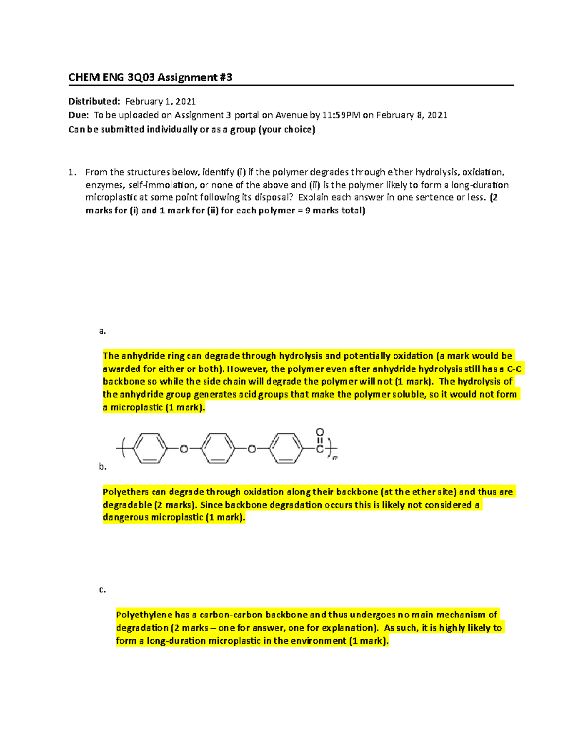 CHEM ENG 3Q03 Assignment 3 - 2021 Solutions - CHEM ENG 3Q03 Assignment ...