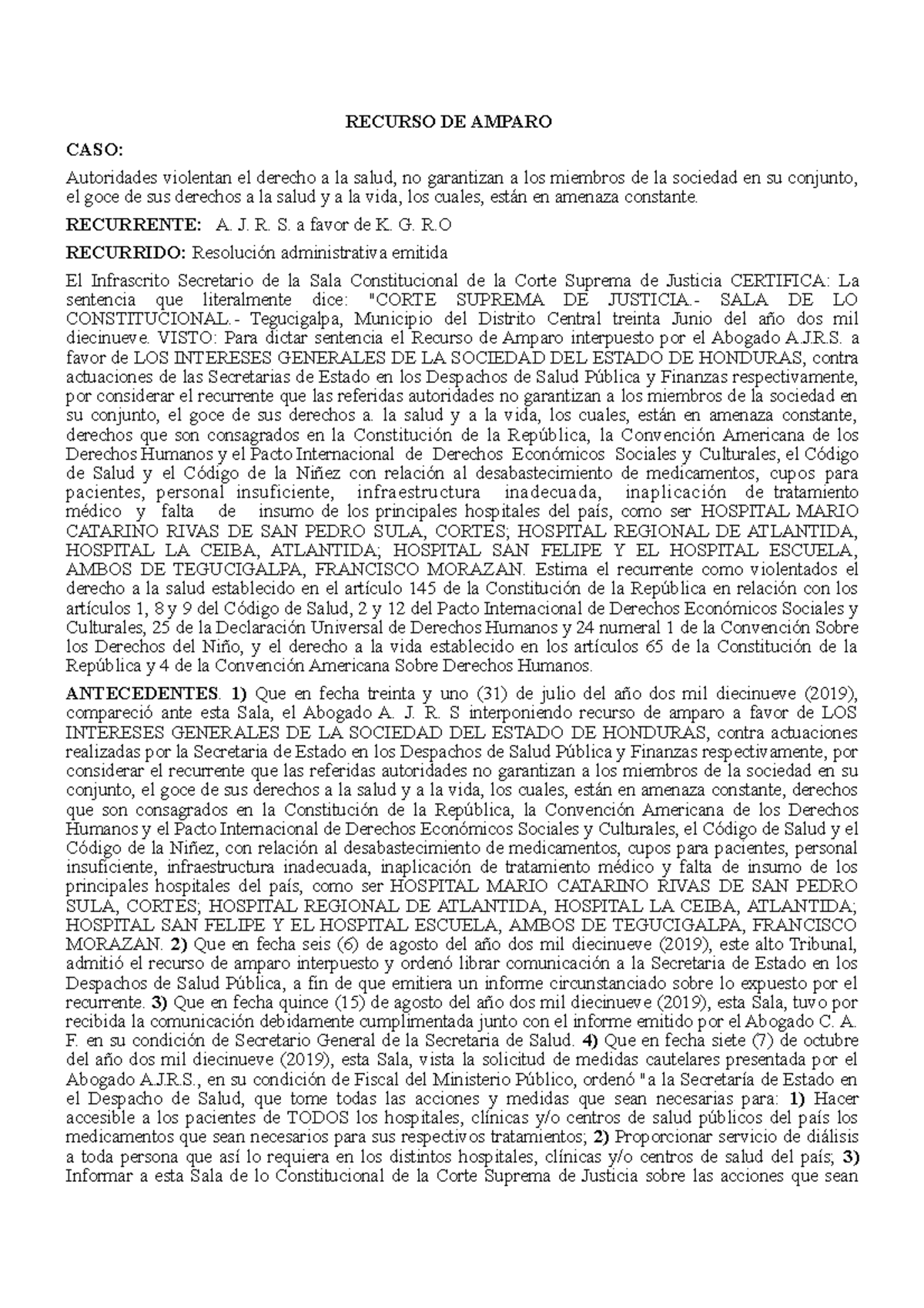 Recurso de Amparo por Salud - RECURSO DE AMPARO CASO: Autoridades ...