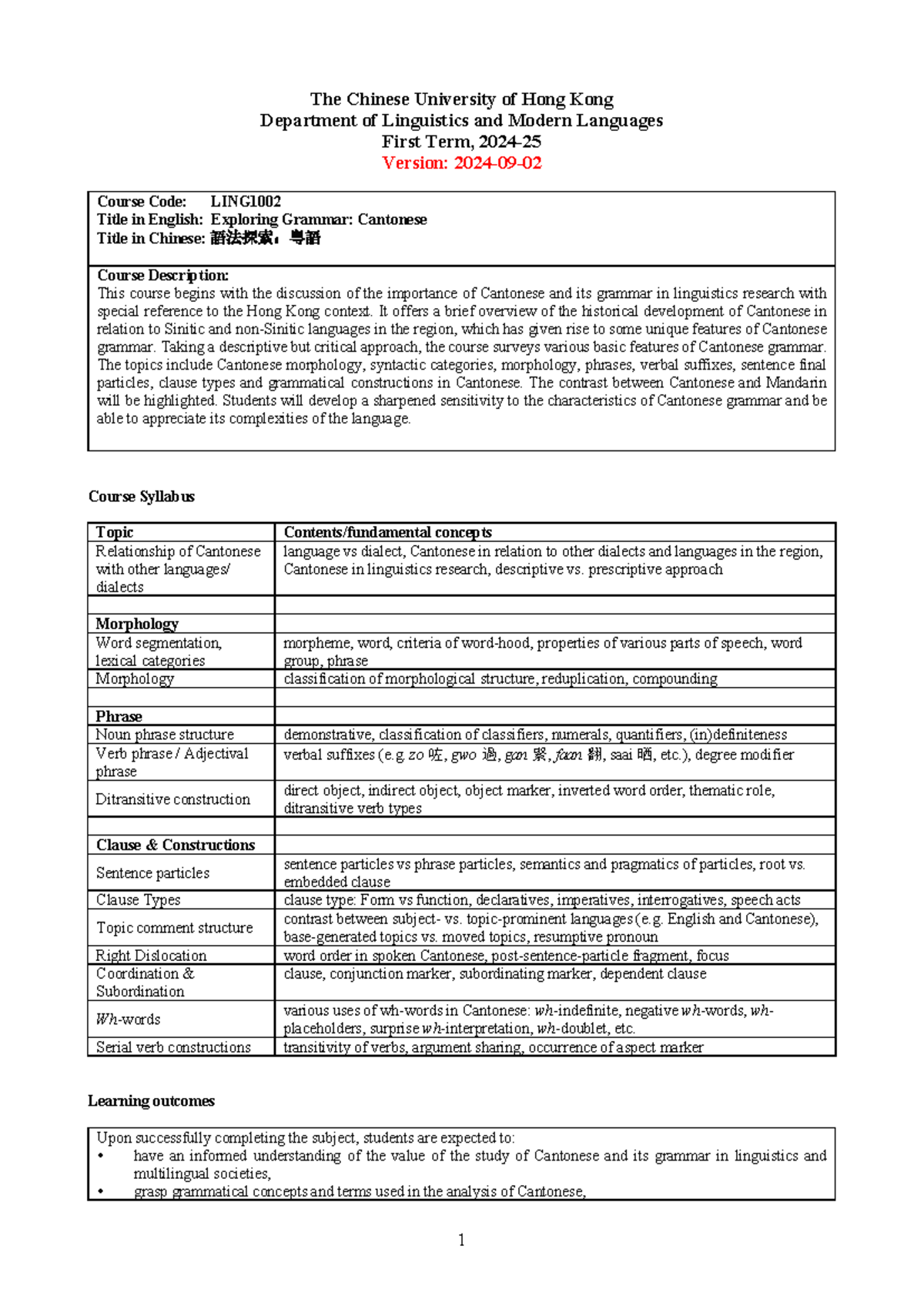 LING1002 Course Outline (T1 2024) 20240902 - The Chinese University of ...
