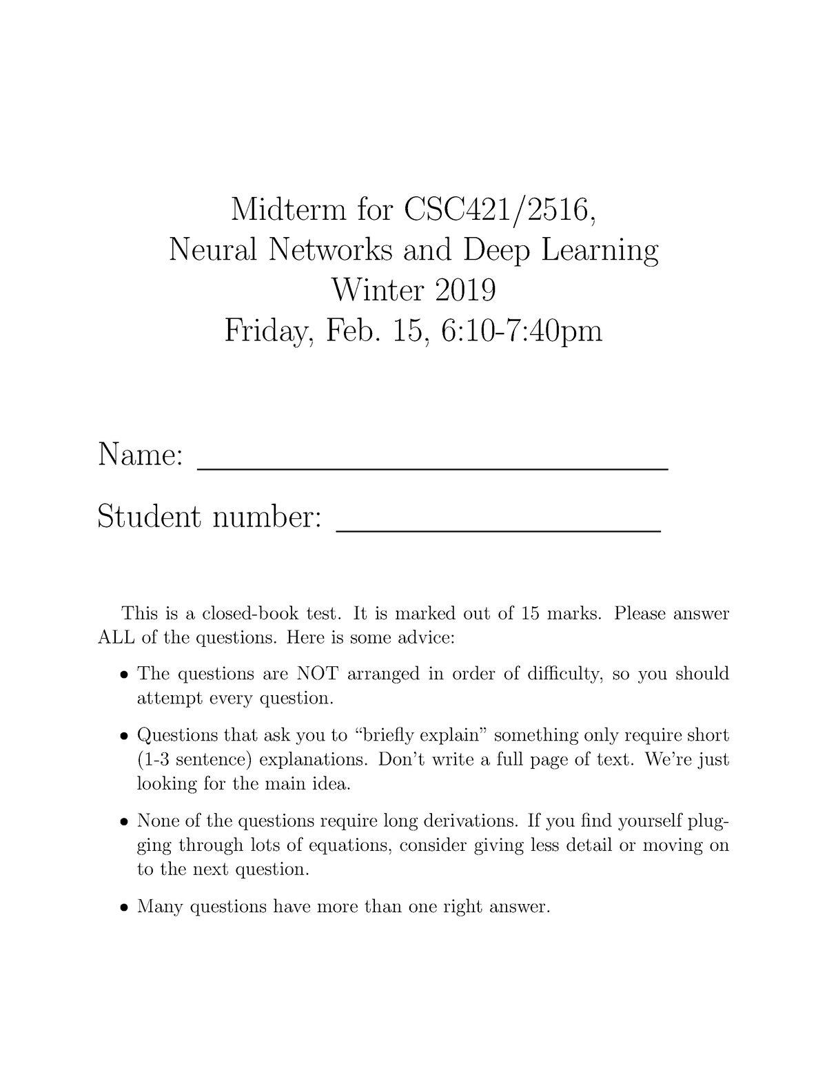 Midterm Solutions - Solution - Midterm For CSC421/2516, Neural Networks ...