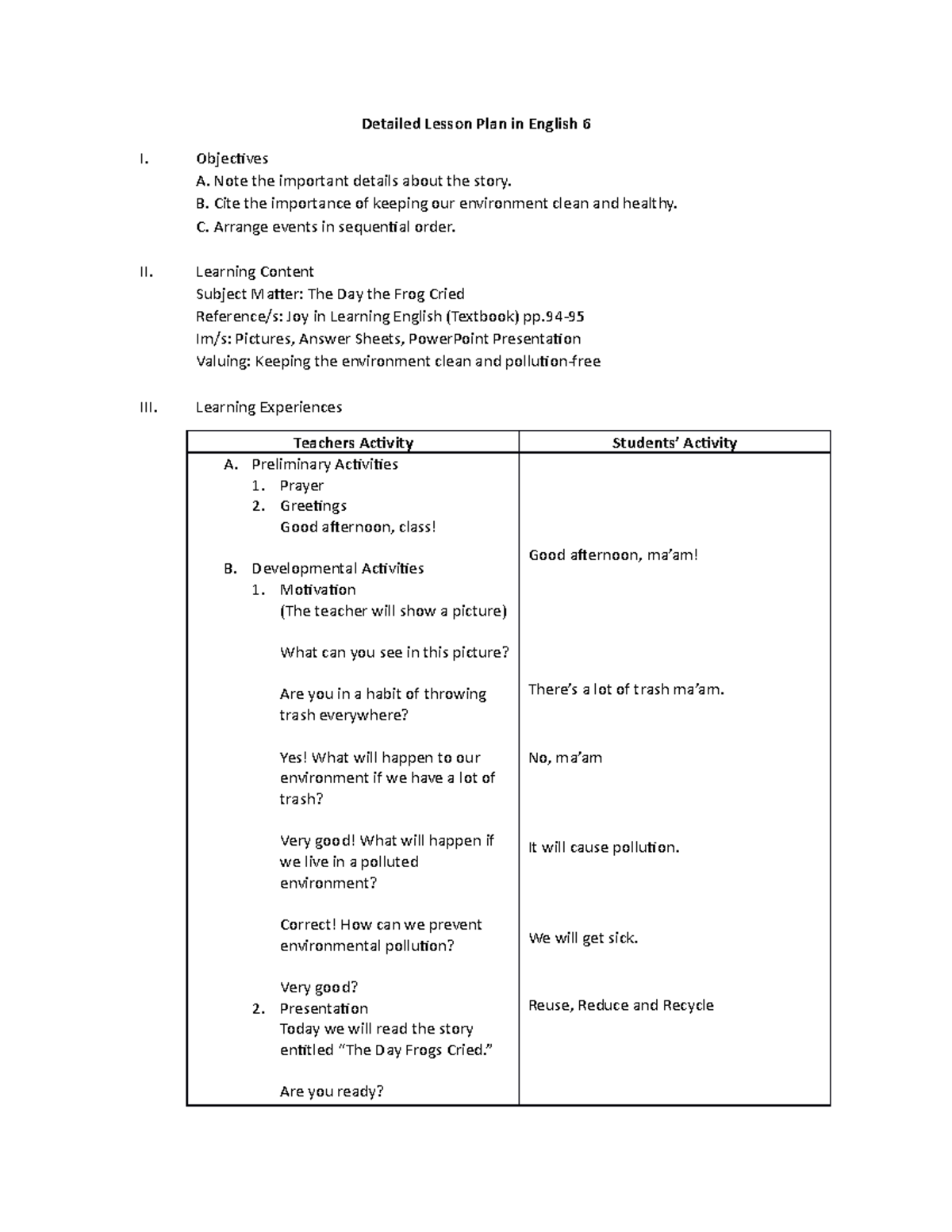 English-6-LP - LESSON PLAN IN ENGLISH - Detailed Lesson Plan in English ...