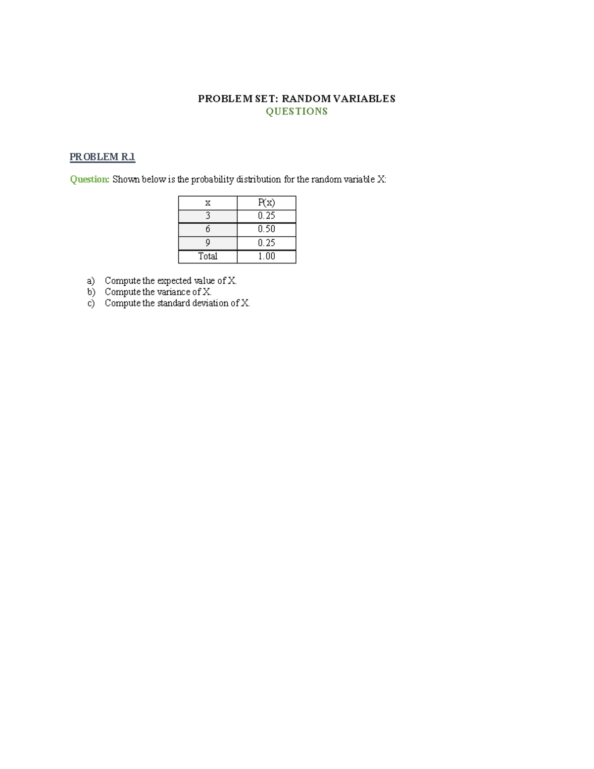 Sample/practice exam January 2018, questions - PROBLEM SET: RANDOM ...