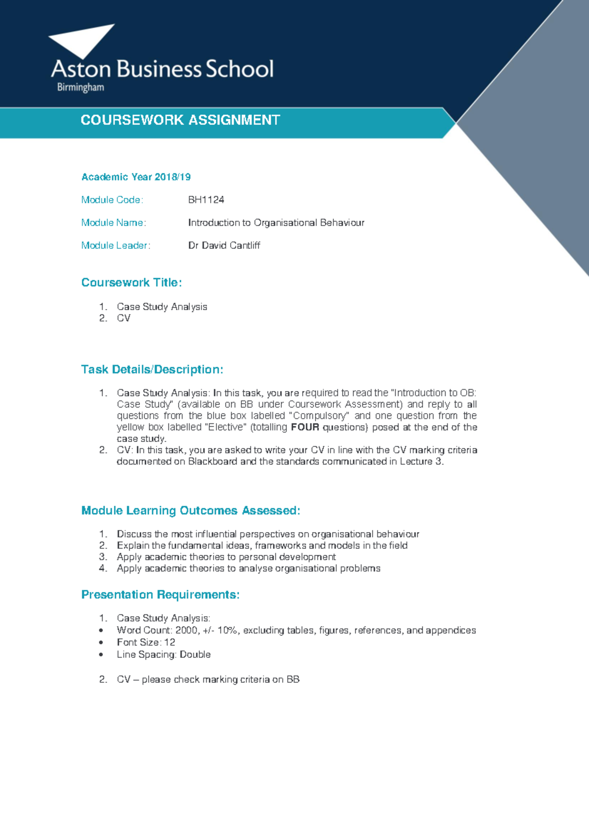 BH1124 Coursework Assignment 2018-19 - Academic Year 2018/ Module Code ...
