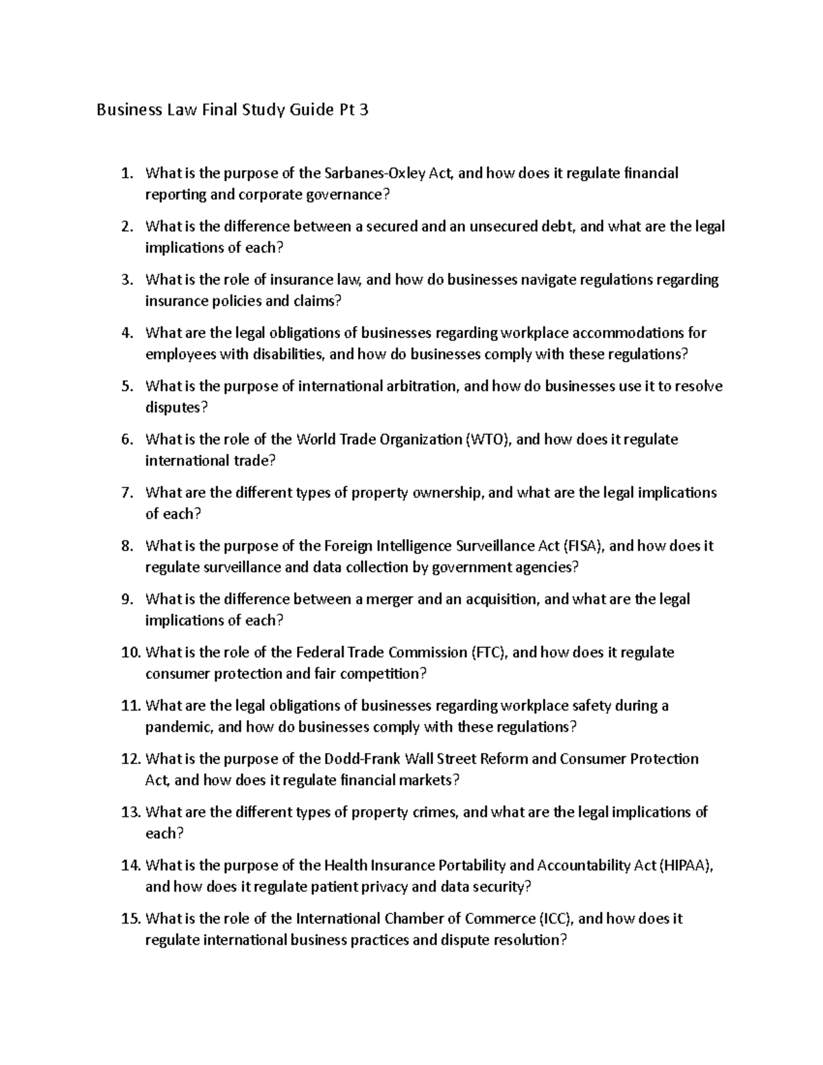 Business Law Final Study Guide Pt 3 - The purpose of the law is to ...