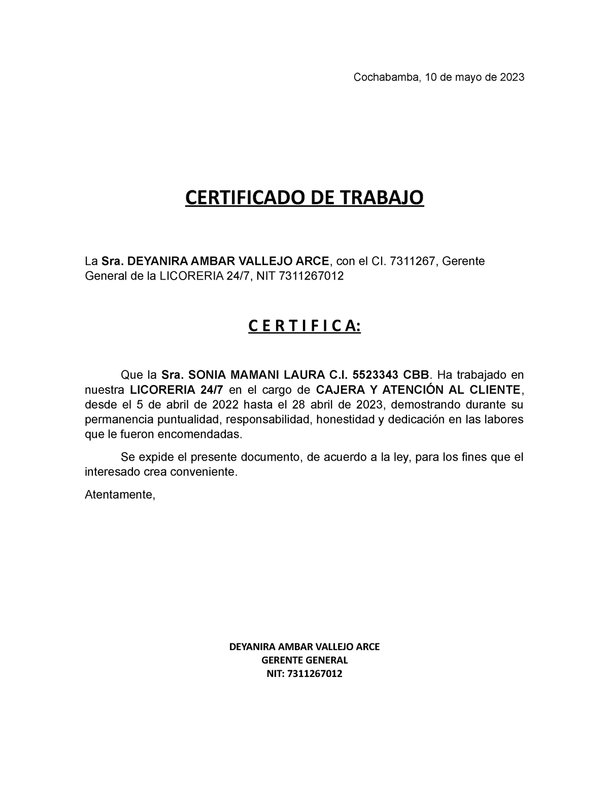 Certificado de Trabajo BOLIVIA - Cochabamba, 10 de mayo de 2023 ...