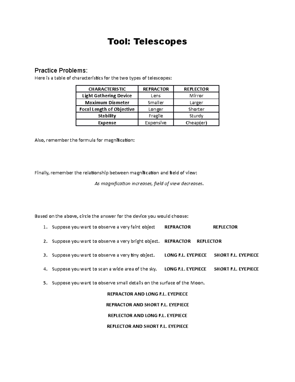 Microtask 4 Telescopes Practice Tool Telescopes Practice