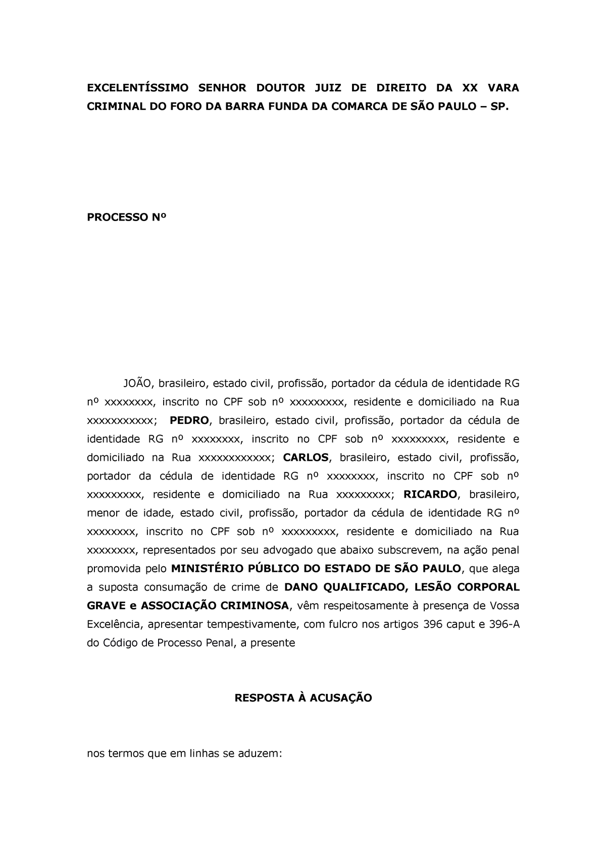 Resposta à Acusação ExcelentÍssimo Senhor Doutor Juiz De Direito Da Xx Vara Criminal Do Foro 3977