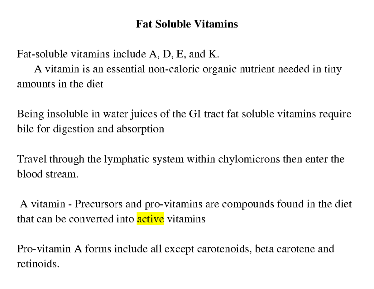 Fat Soluble Vitamins notes copy Fat Soluble Vitamins Fatsoluble