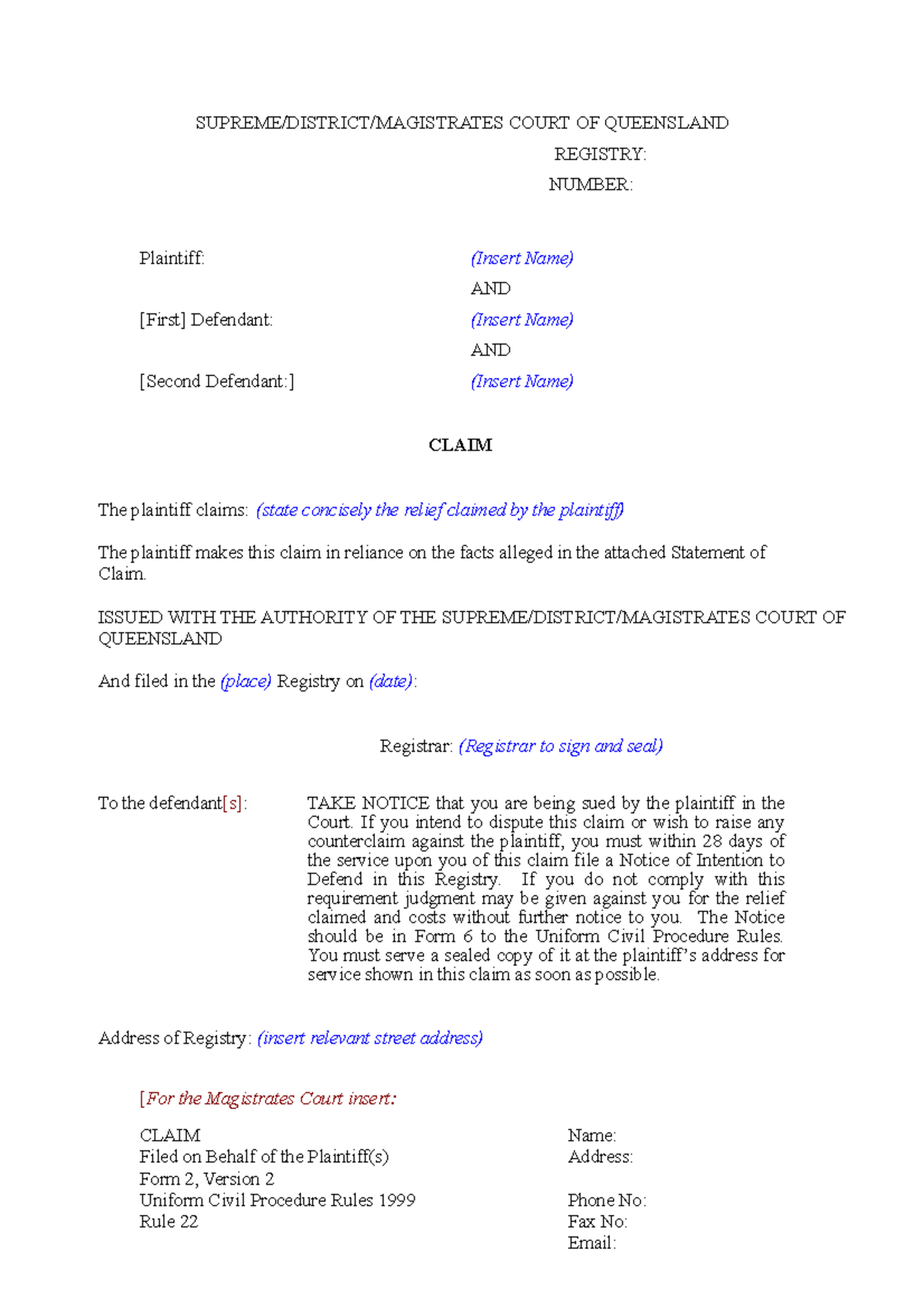 Form2ClaimUCPR UCPR Form SUPREME/DISTRICT/MAGISTRATES COURT OF