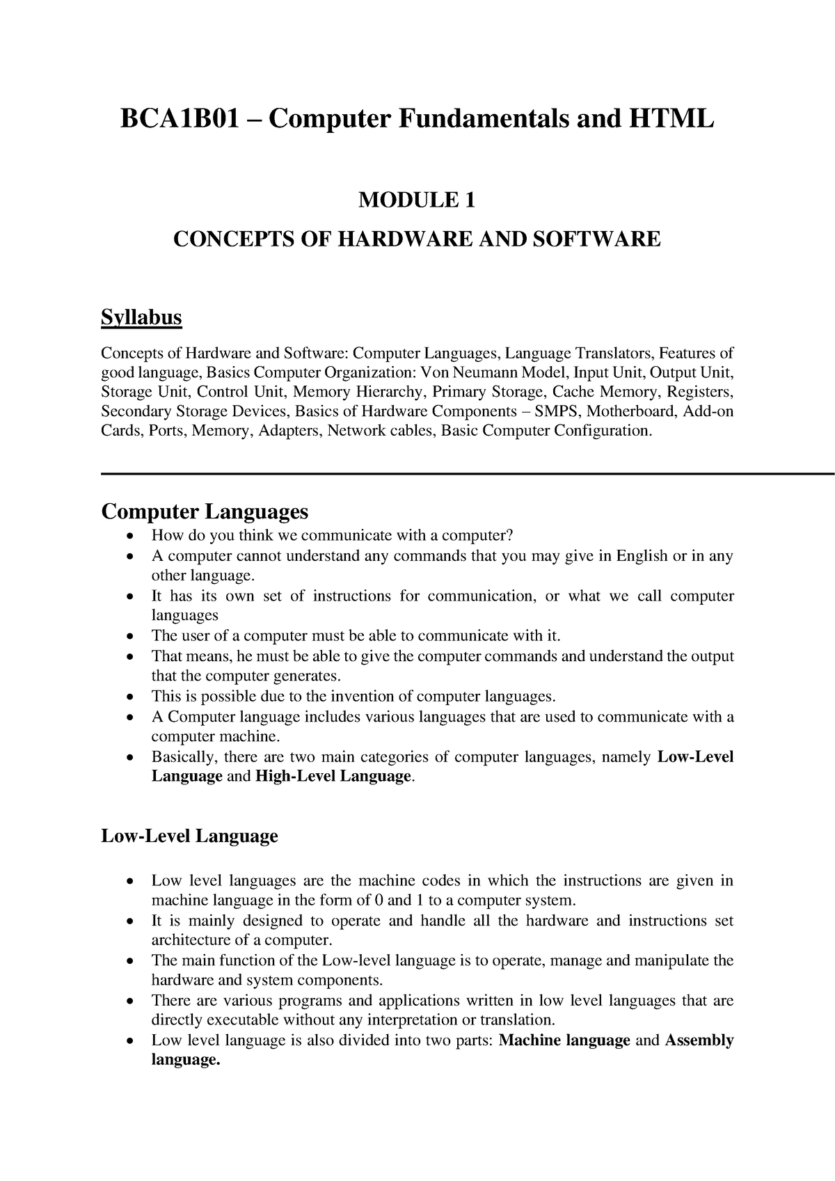 Module 1- Concepts OF Hardware AND Software - BCA1B01 – Computer ...