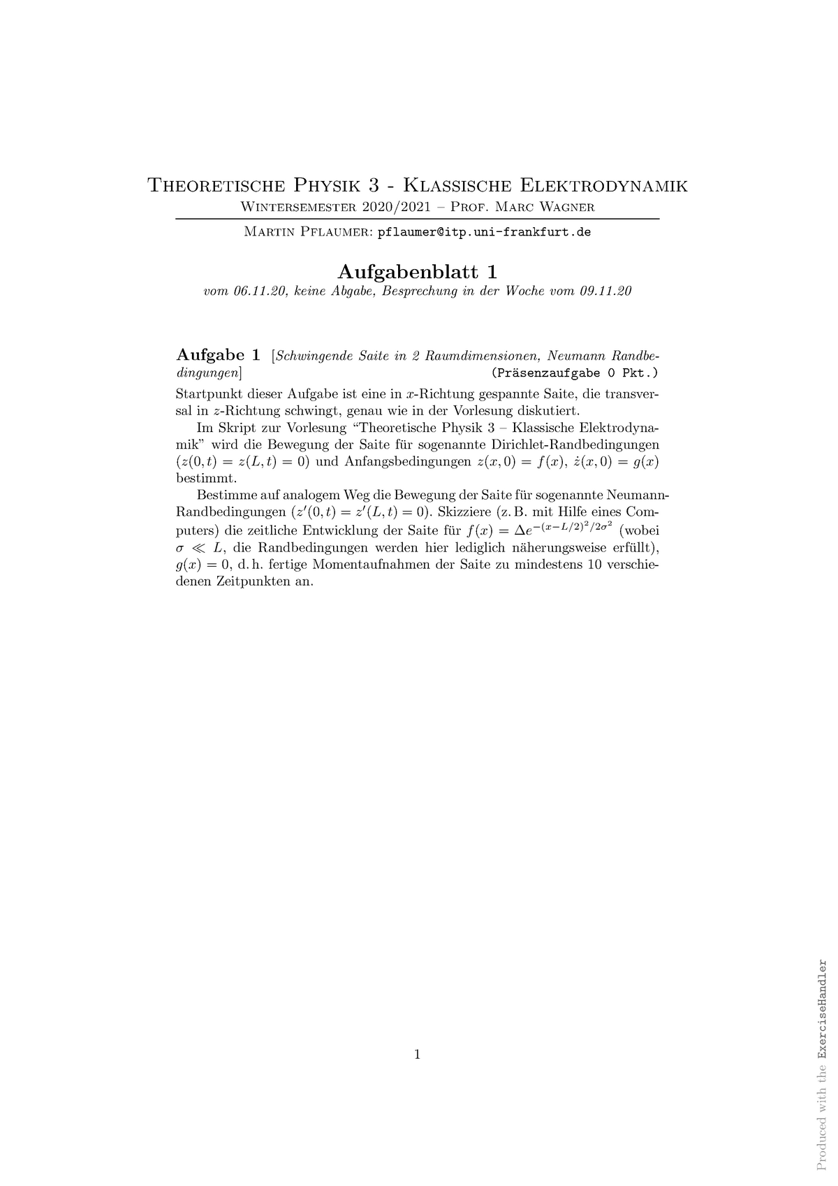 Theoretische Physik 4: Quantenmechanik: Aufgabenblatt 01 2021 ...