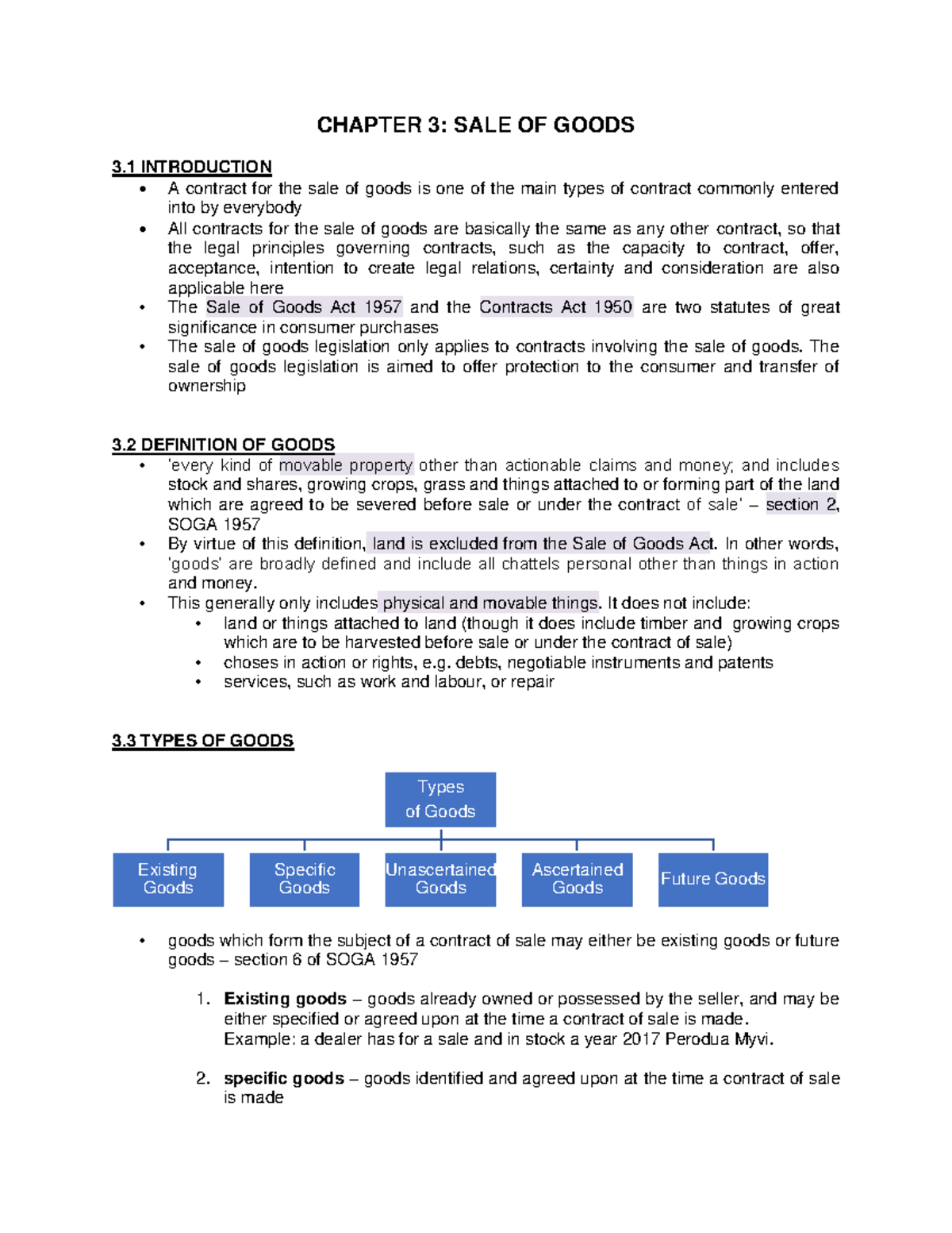 Chapter 3 - Sale Of Goods Notes - CHAPTER 3: SALE OF GOODS 3 ...