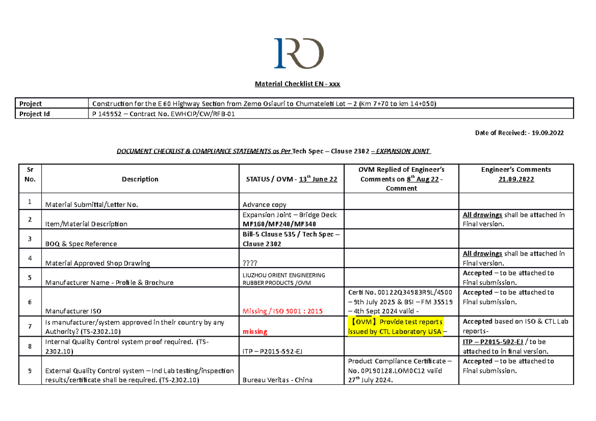 OVMExpansion Joint Checklist Revised 21 Material Checklist EN xxx